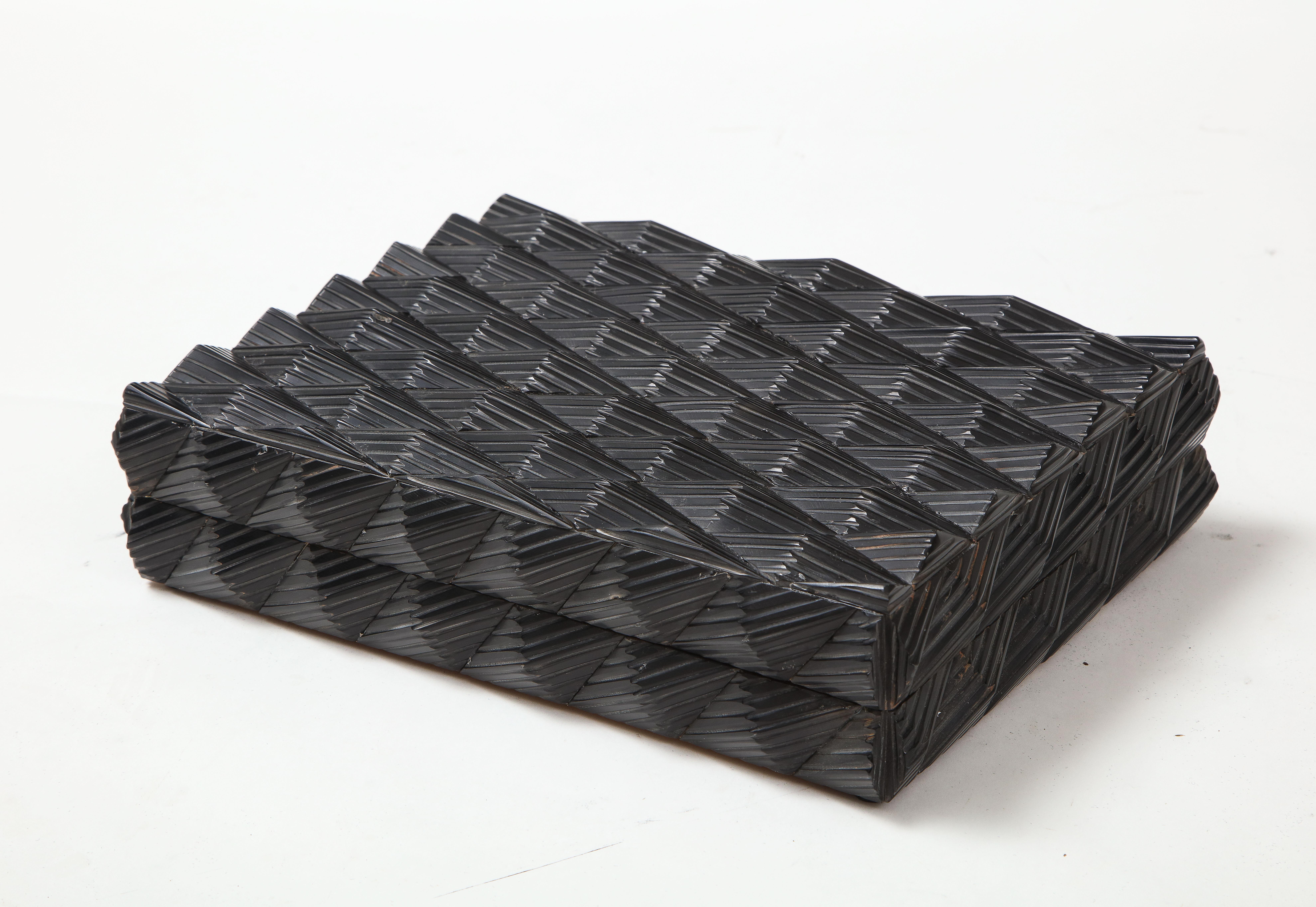 Handcrafted keepsake, desk box featuring hand carved diamond shaped black bone tiles, lined in wood. A great accessory for a desk or a coffee table.