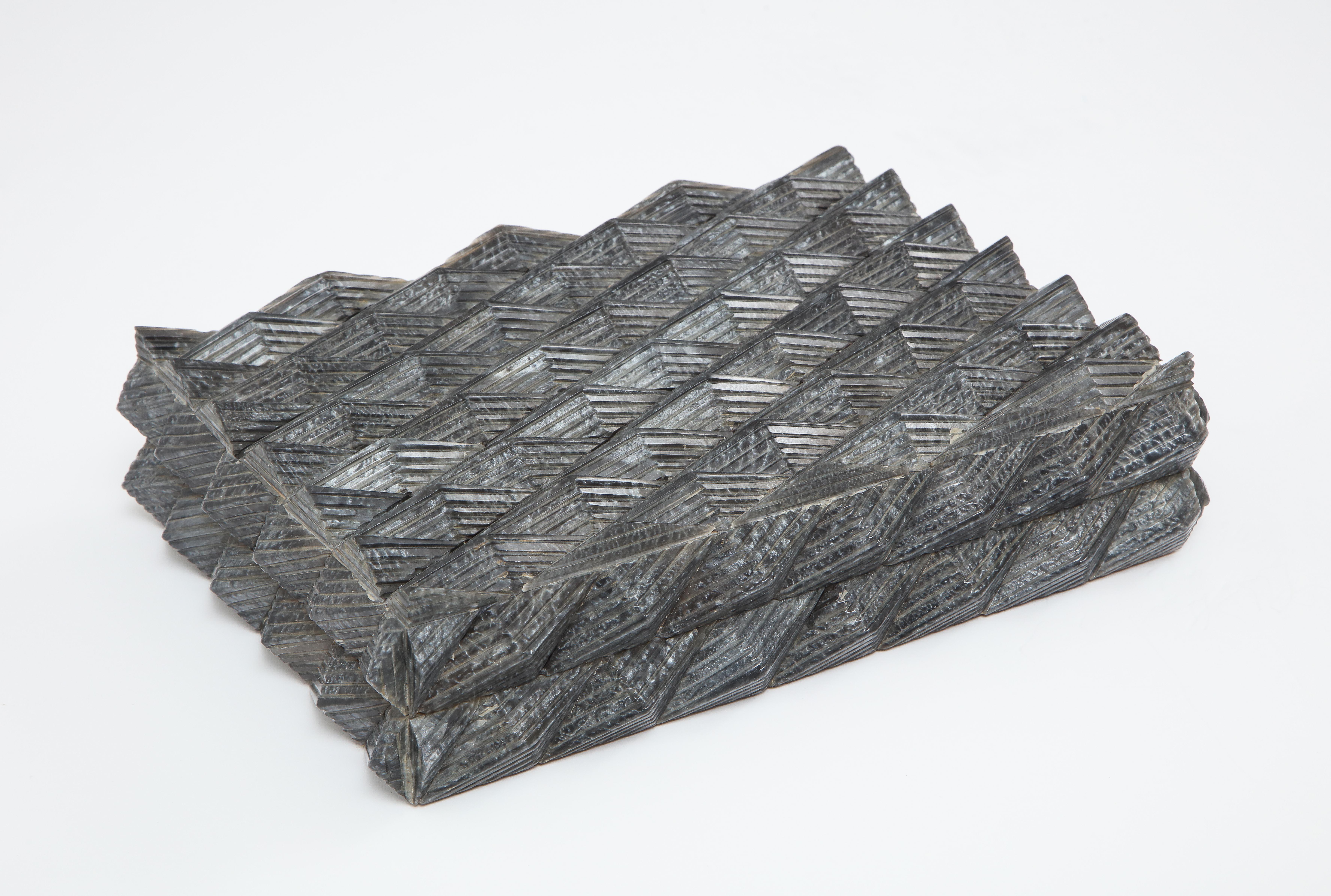 Dimensional diamond pattern carved grey bone box lined in wood.