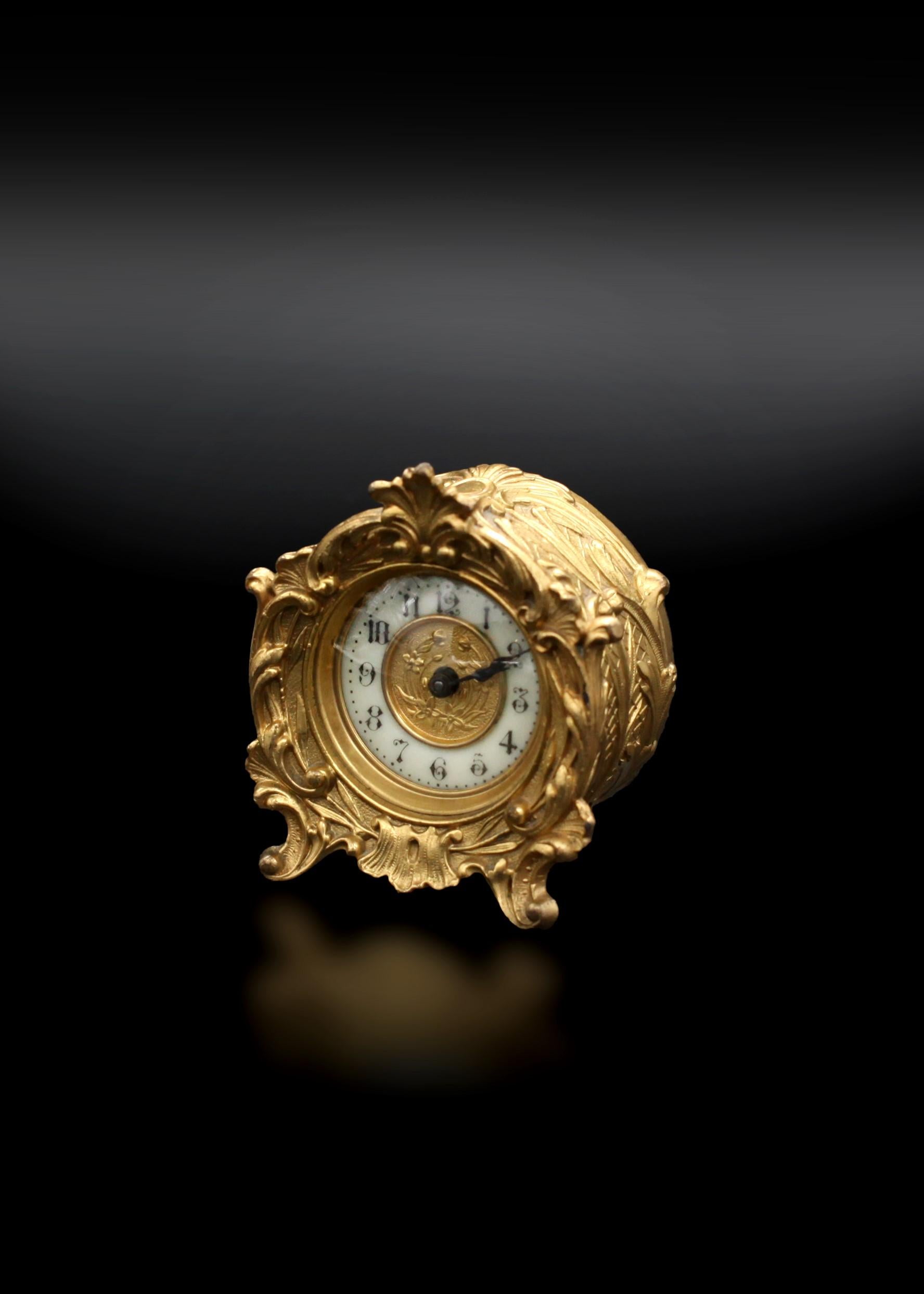 Rococo Revival Diminuitive Antique Ansonia Gilded Bronze Clock