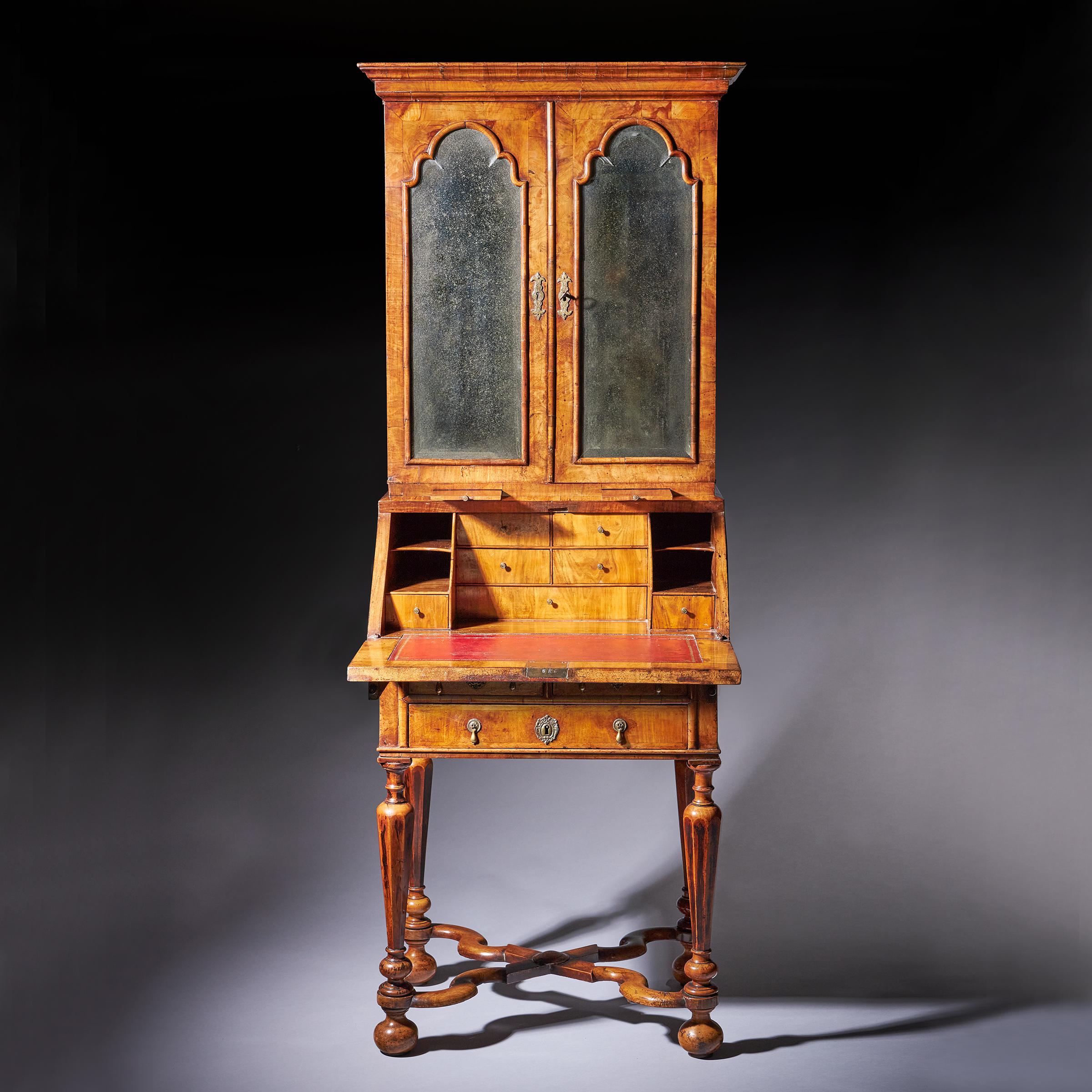 18th Century and Earlier Diminutive 17th Century William and Mary Figured Walnut Bureau Bookcase on Stand