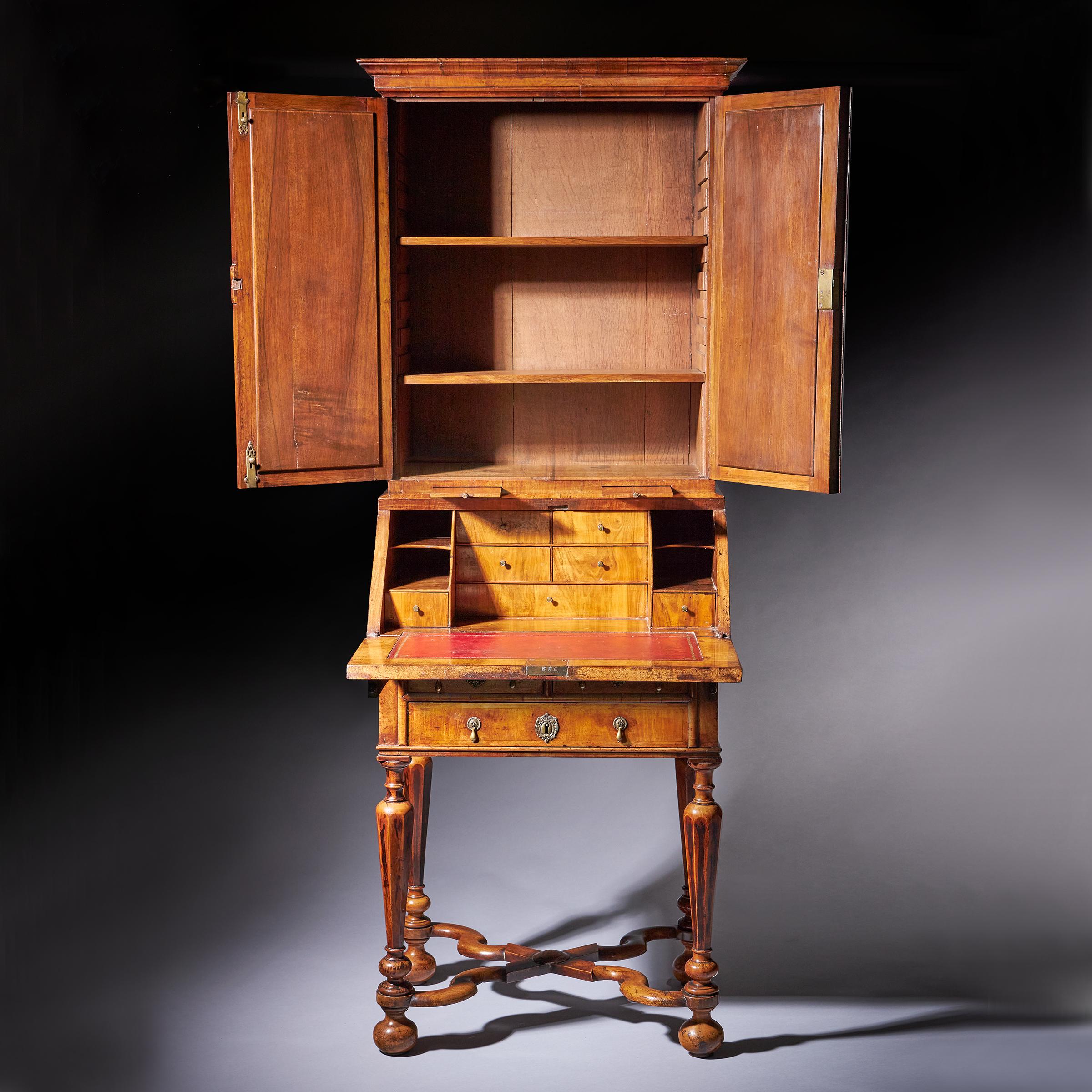 Oak Diminutive 17th Century William and Mary Figured Walnut Bureau Bookcase on Stand