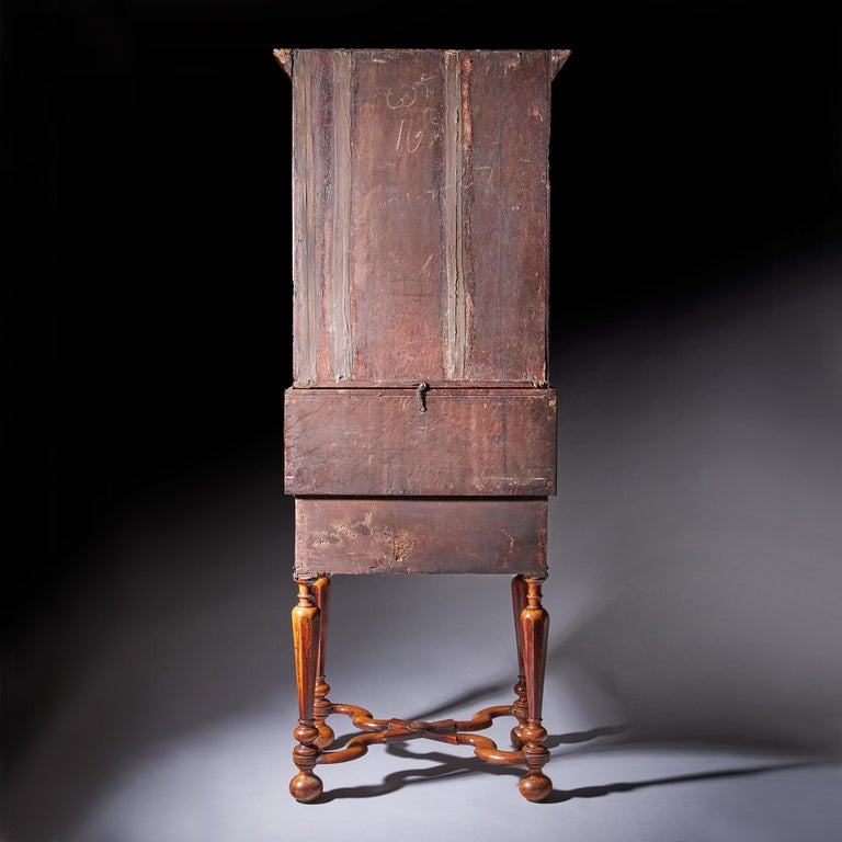 Diminutive 17th Century William and Mary Figured Walnut Bureau Bookcase on Stand For Sale 2