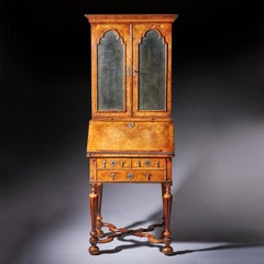 Diminutive 17th Century William and Mary Figured Walnut Bureau Bookcase on Stand
