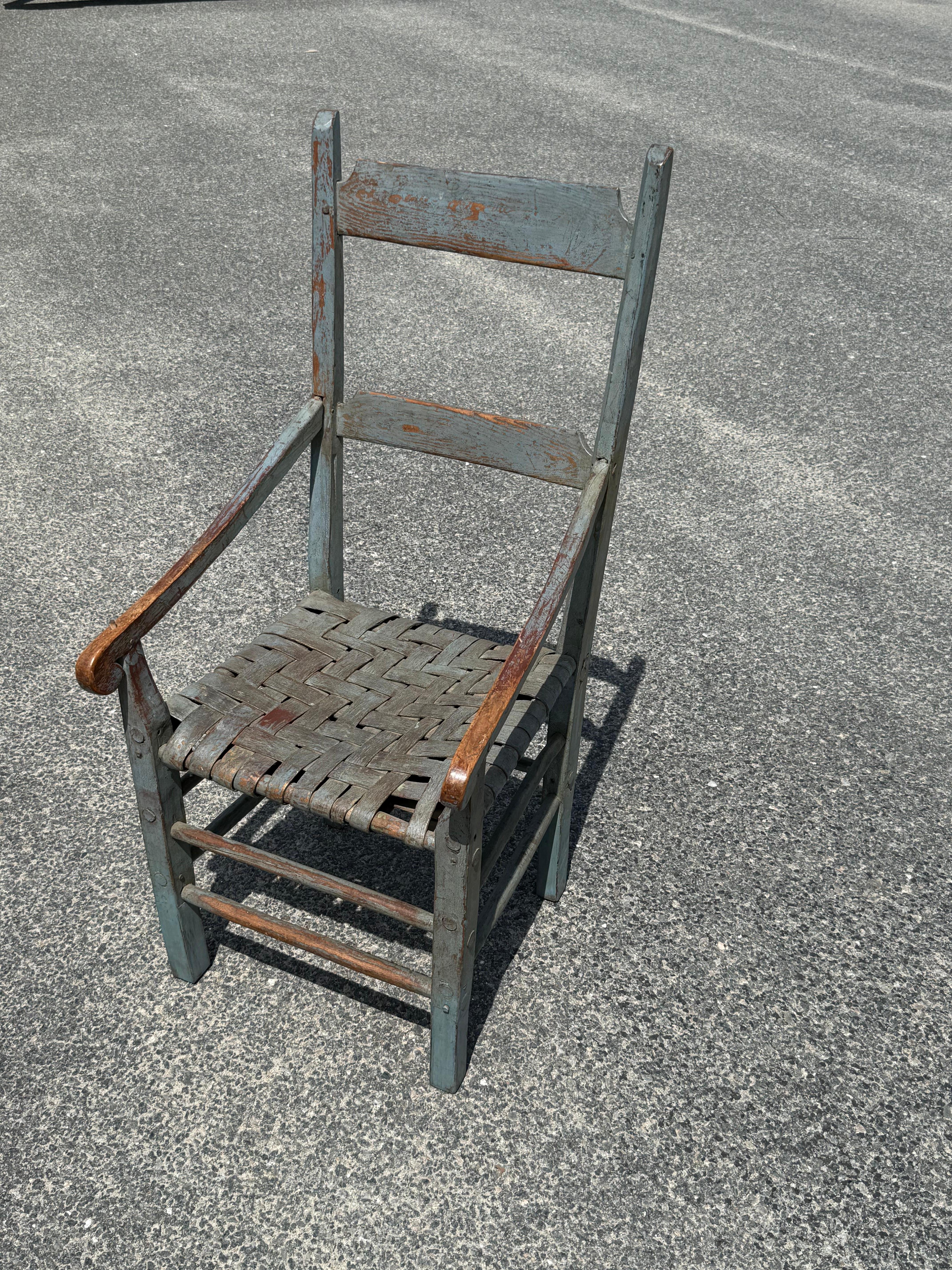 Diminutive 19th c. Armchair in original blue/grey paint, Hickory bark woven seat. Quebec, circa 1870.