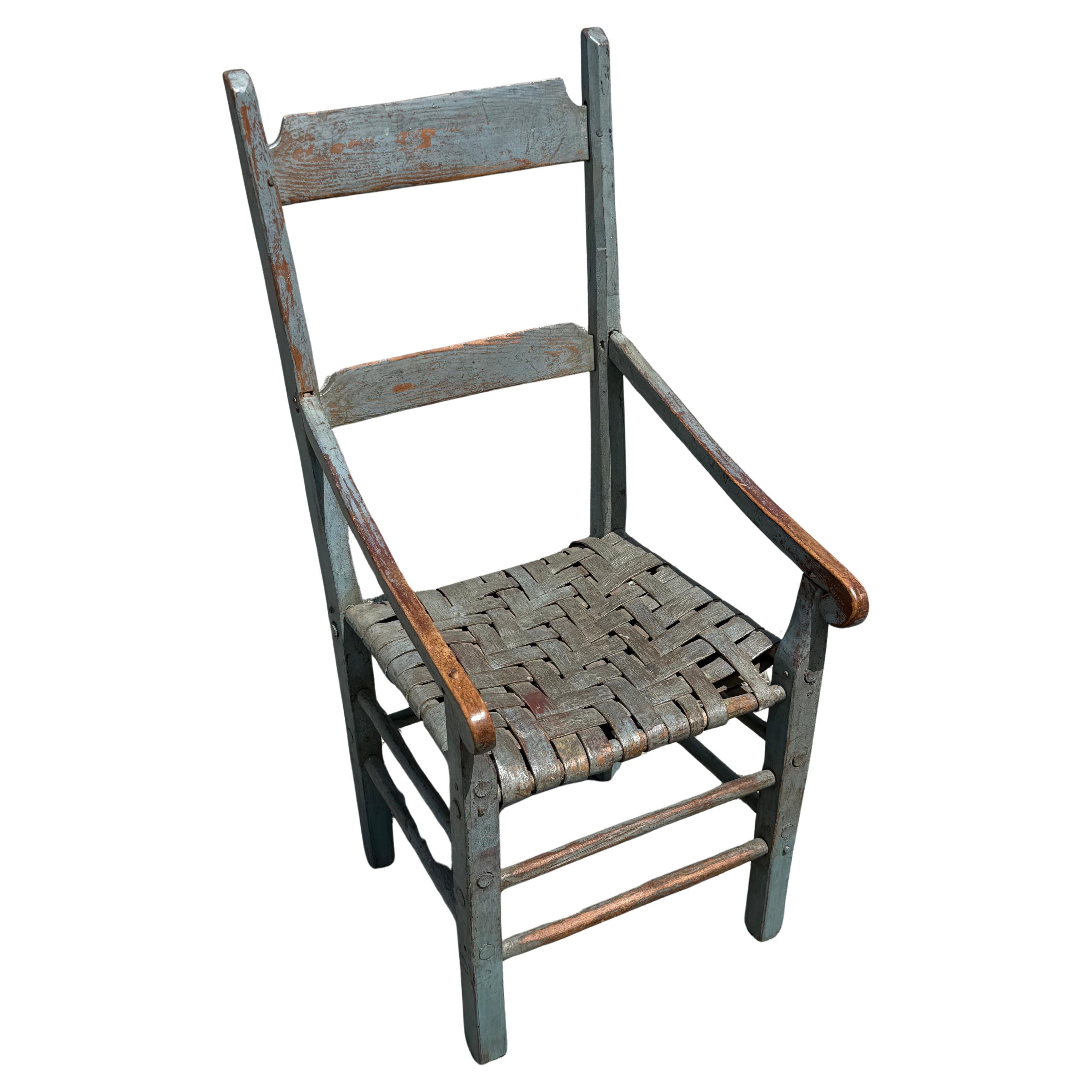 Diminutive 19th c. Armchair in Original Blue Grey Paint For Sale