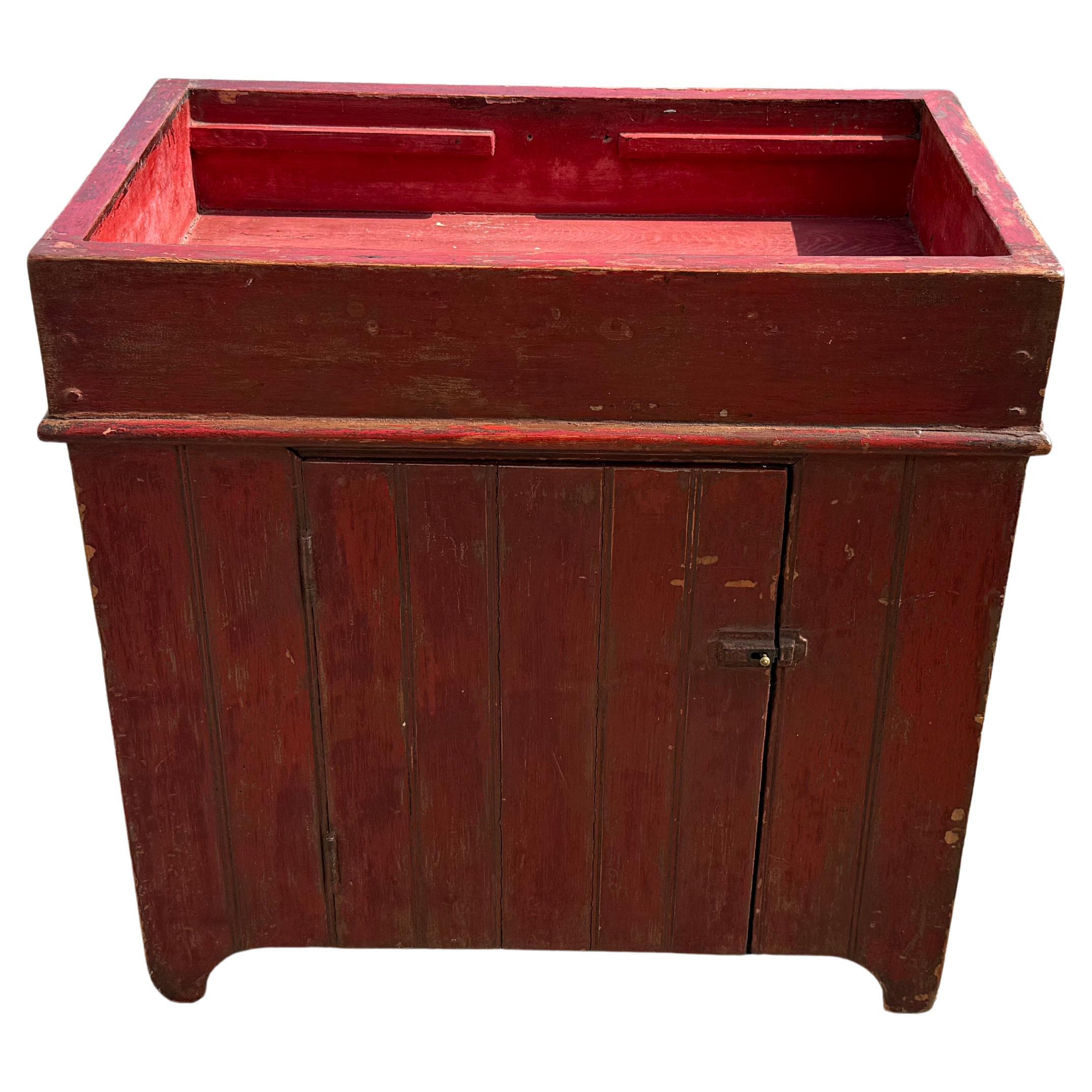 Diminutive 19th c. Pine Dry Sink in Red Paint For Sale