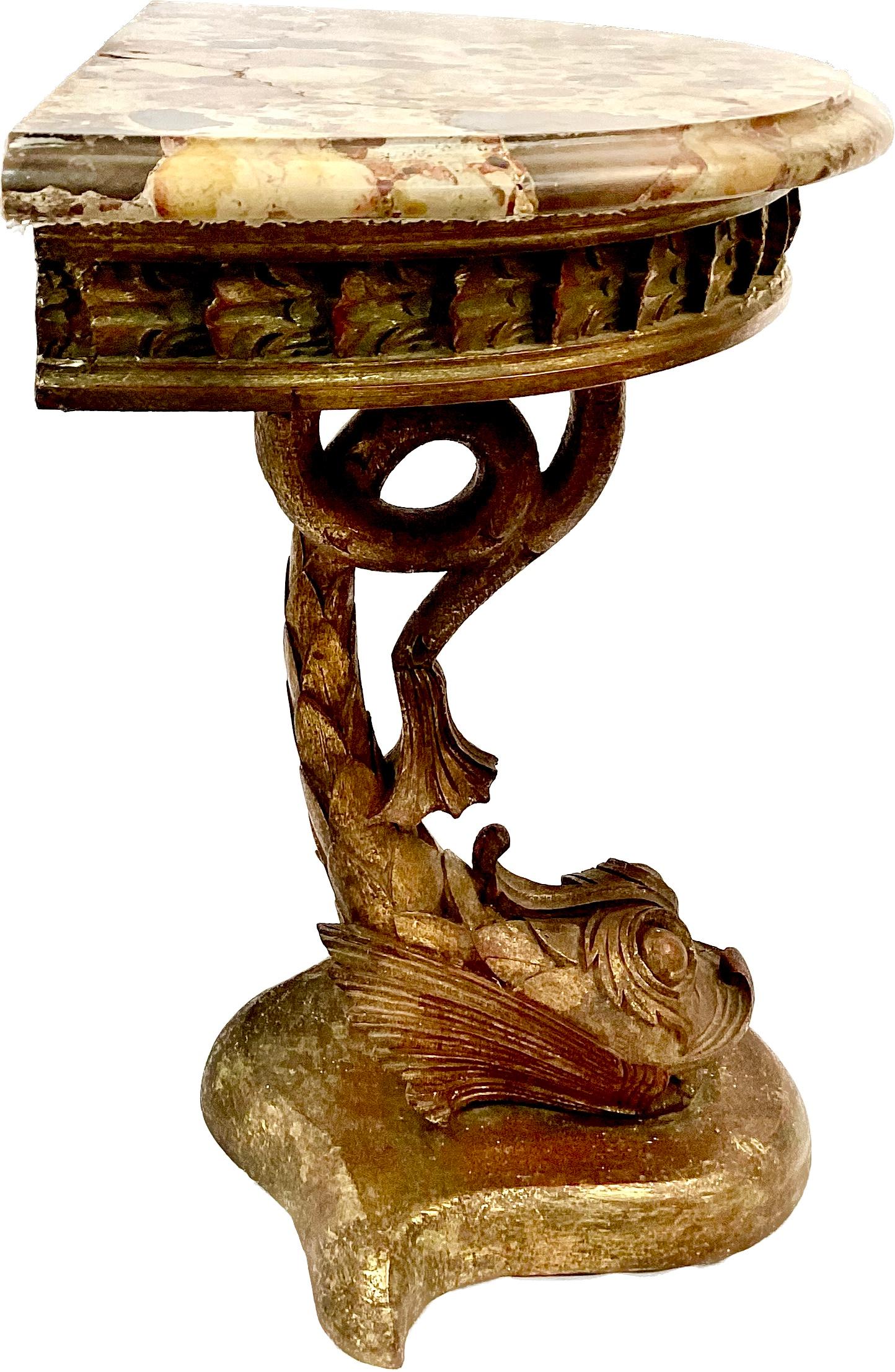 Rococo Diminutive 19th Century Carved Dolphin Form Console Table with Marble Top For Sale