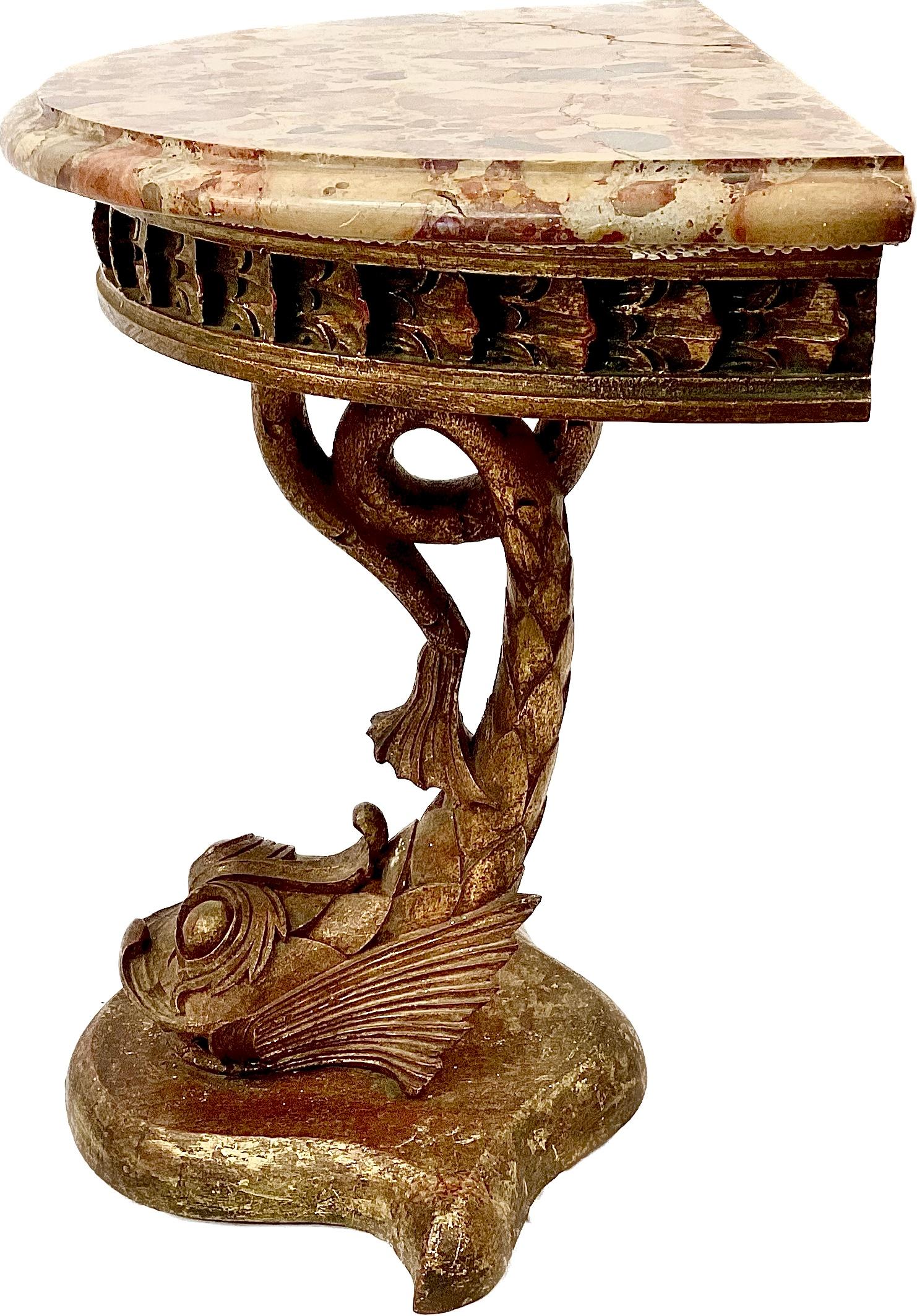 Italian Diminutive 19th Century Carved Dolphin Form Console Table with Marble Top For Sale