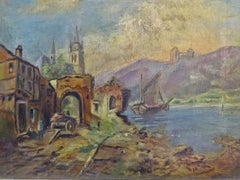 Diminutive Antique 19th Century Oil Painting of a Rural Coastal Scene Gilt Frame