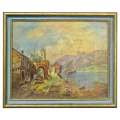 Petite peinture à l'huile ancienne du 19ème siècle représentant une scène côtière rurale dans un cadre doré