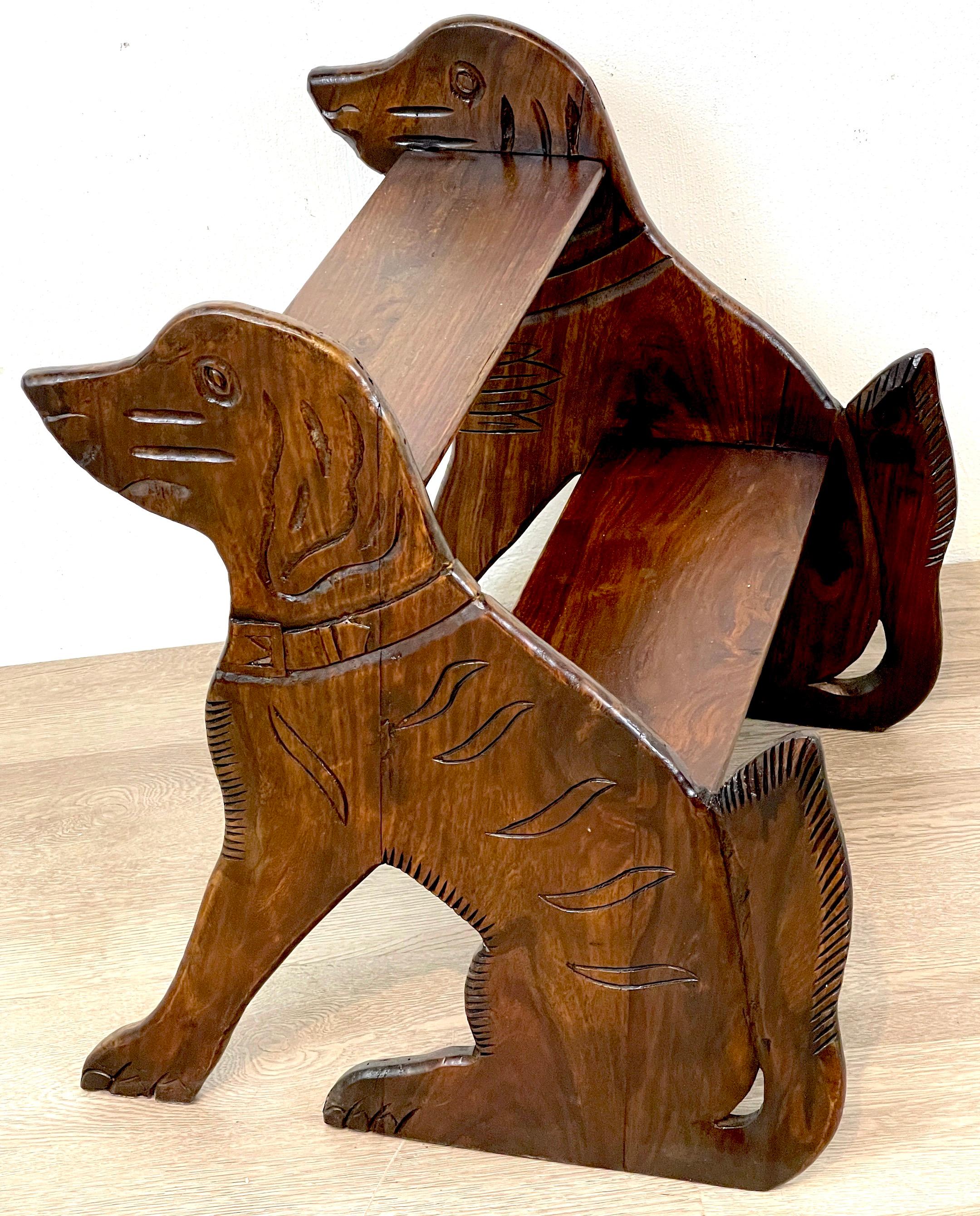 Diminutive antique English carved stained pine dog Motif Library Steps 
England, Circa 1890s/Early 1900s
A whimsical set of carved and incised English Victorian seated dog ( Possibly a Labrador/ English Hunting Hound) motif library steps, of good