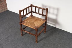 Diminutif Antique French 19th Century Bobbin Corner Chair Walnut with Rush Seat