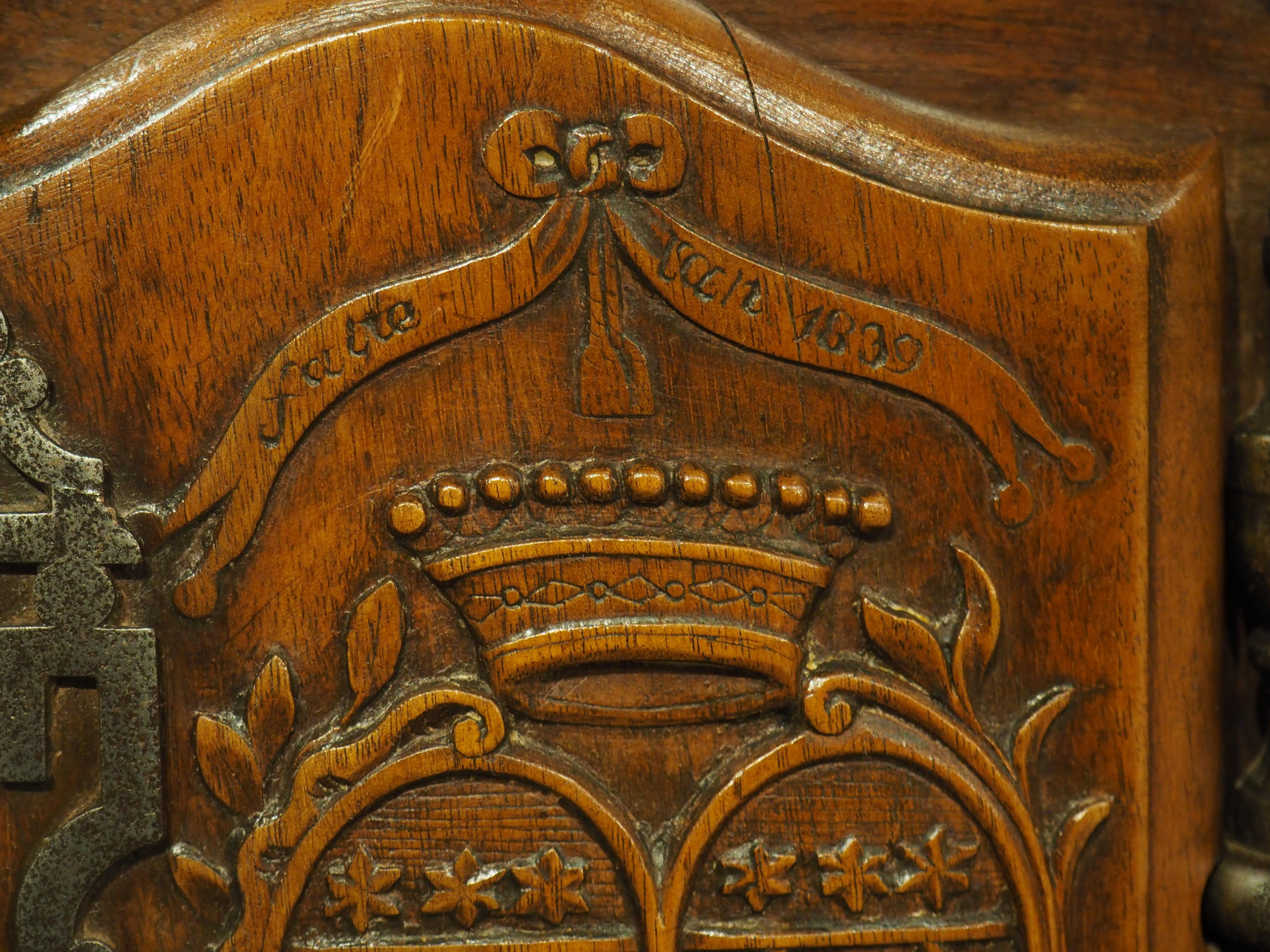 Diminutive Antique French Walnut Panetière with Double Coat of Arms, Dated 1839 6