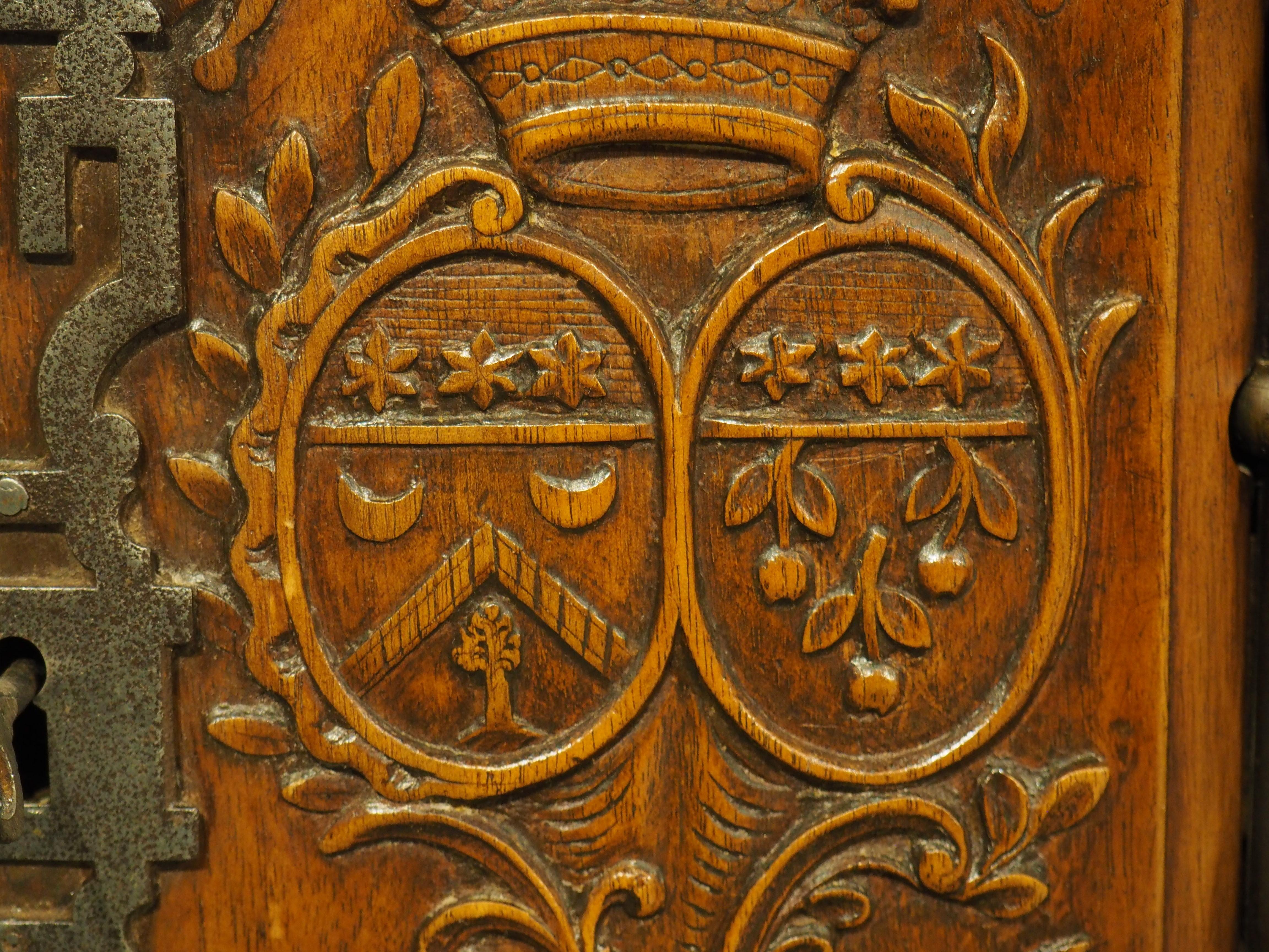 Diminutive Antique French Walnut Panetière with Double Coat of Arms, Dated 1839 7