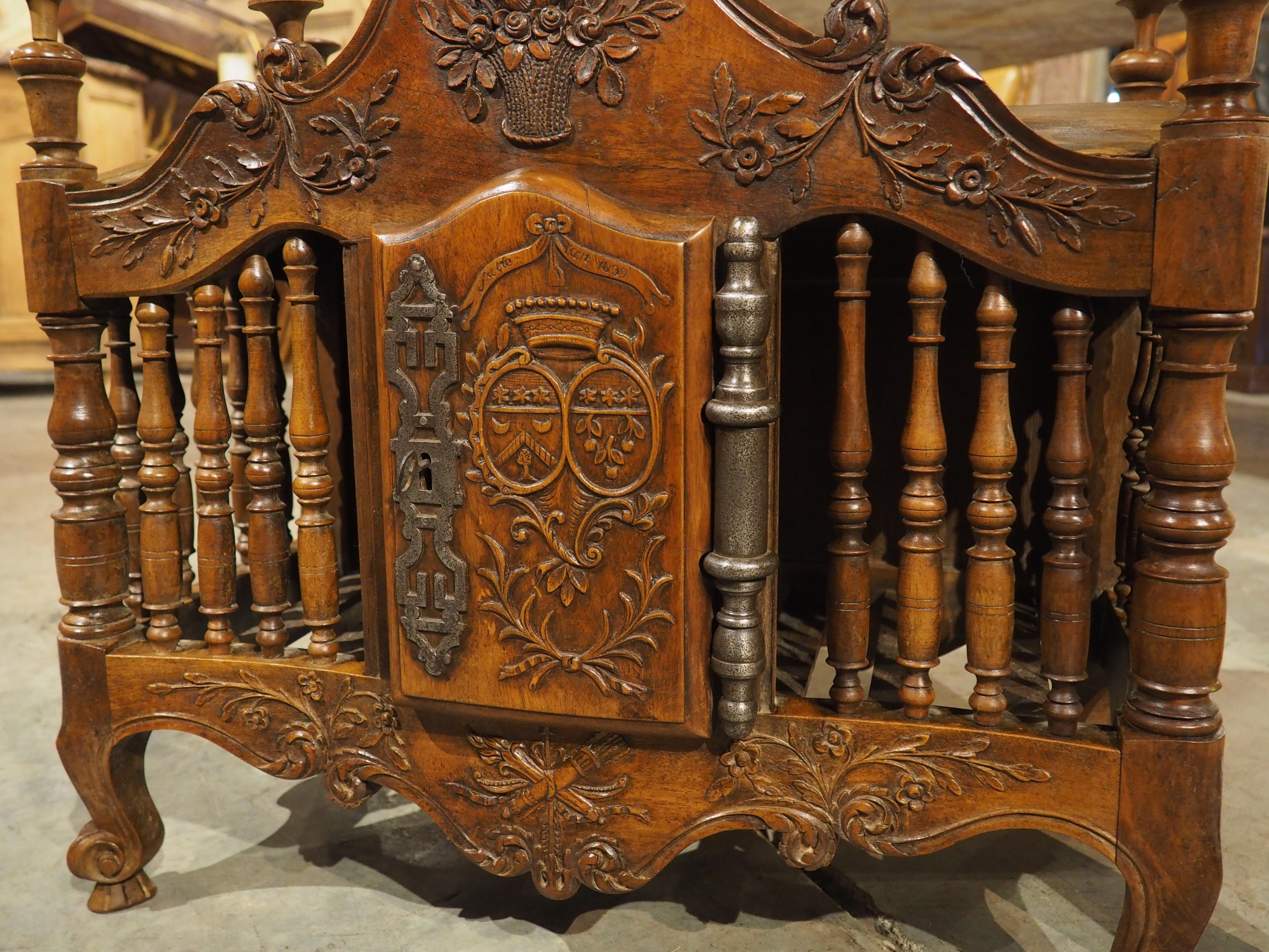 Hand-Carved Diminutive Antique French Walnut Panetière with Double Coat of Arms, Dated 1839