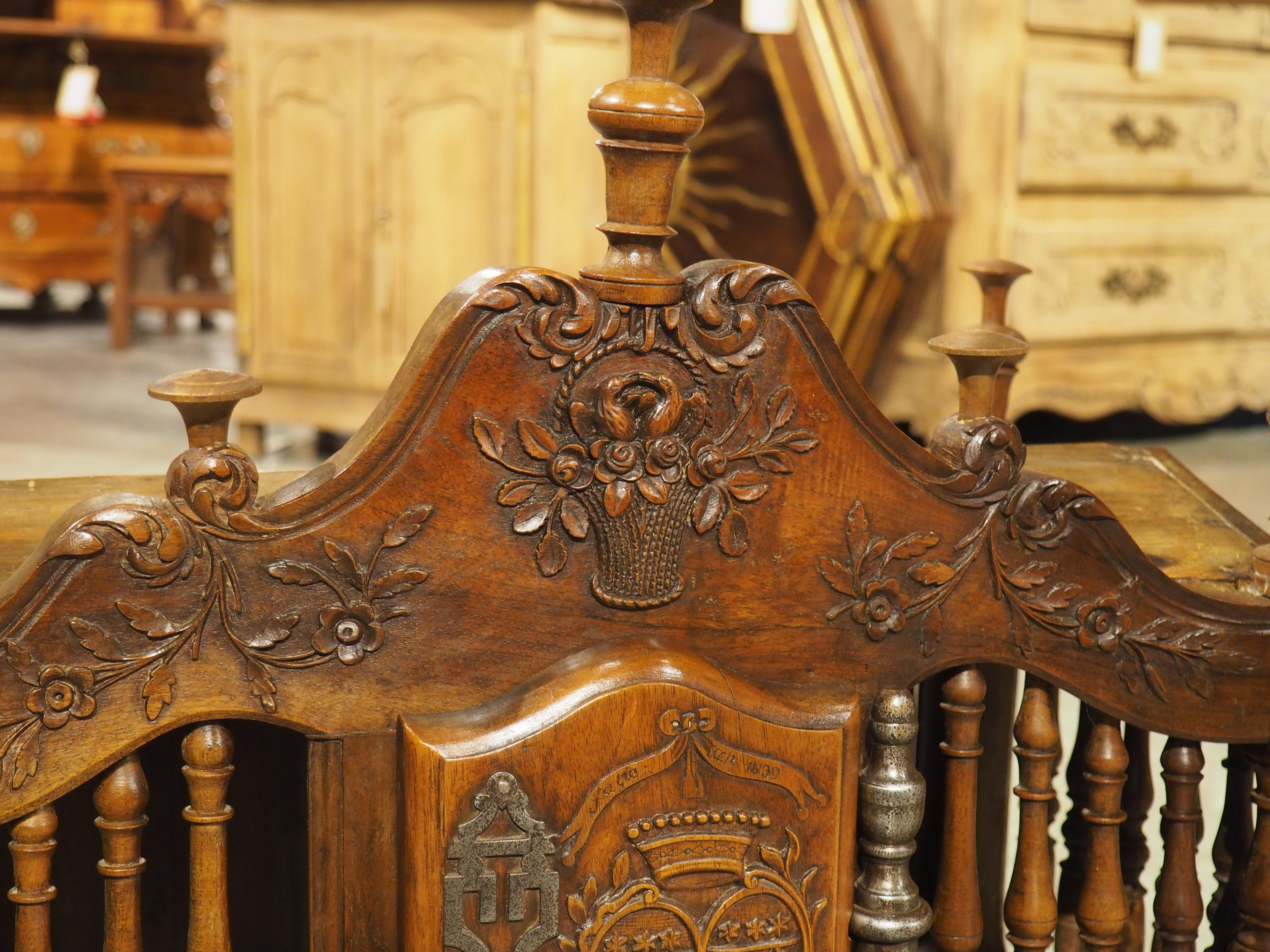 Metal Diminutive Antique French Walnut Panetière with Double Coat of Arms, Dated 1839