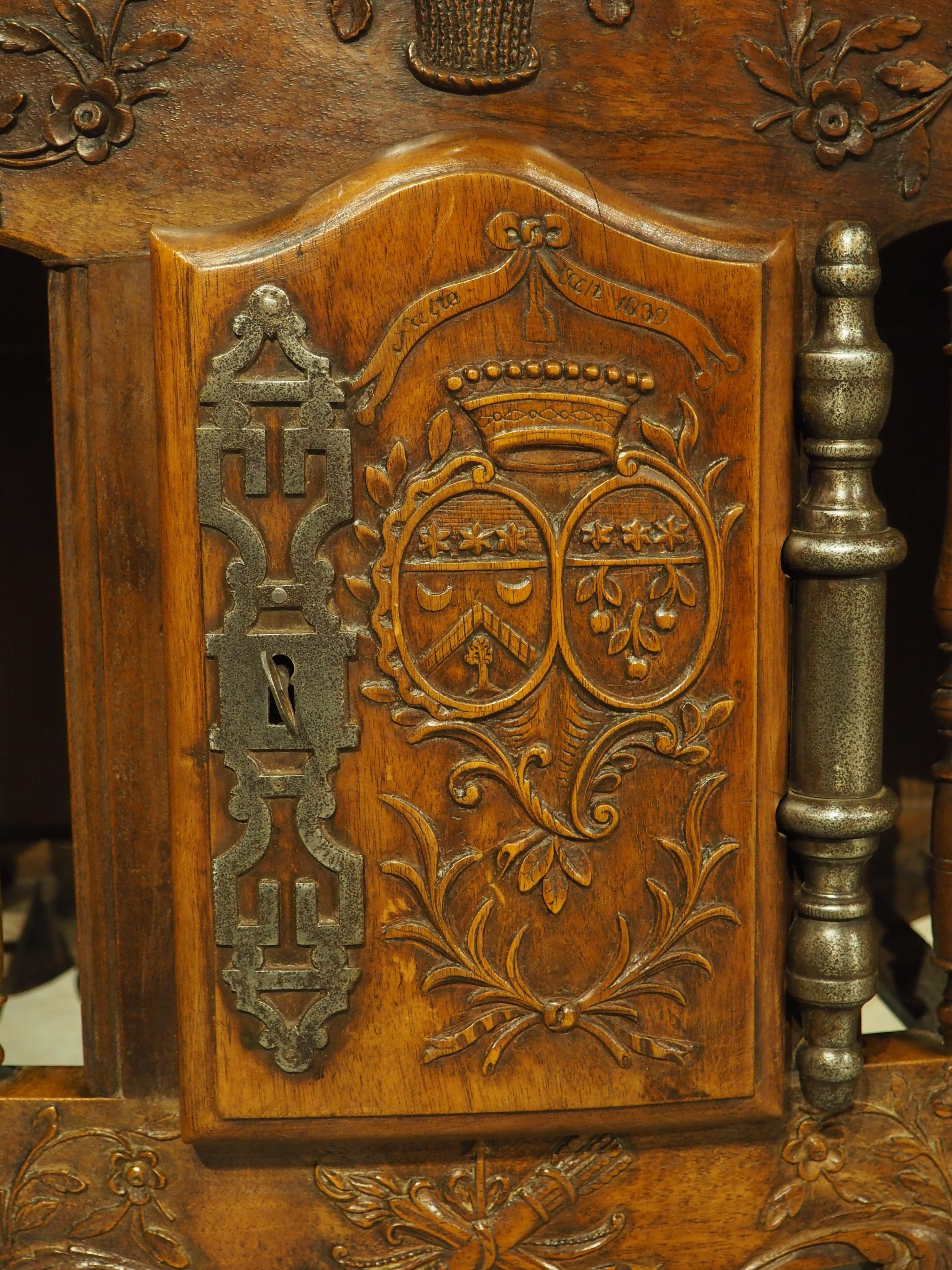 Diminutive Antique French Walnut Panetière with Double Coat of Arms, Dated 1839 2
