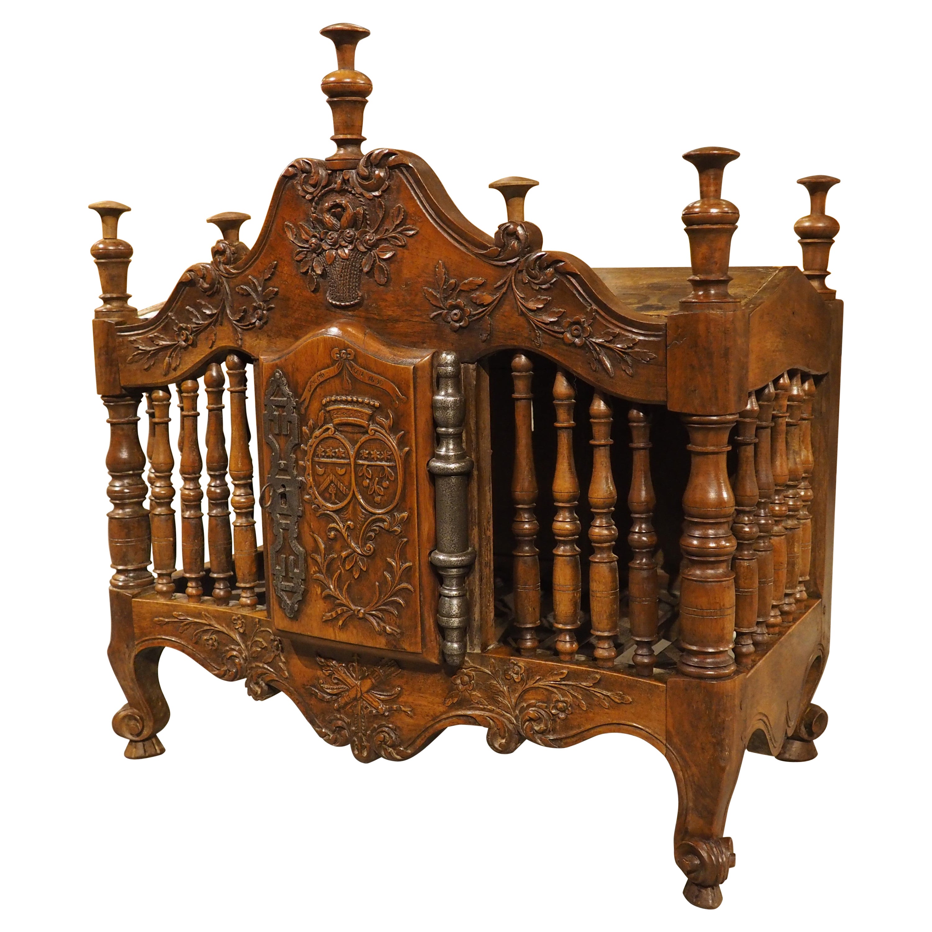 Diminutive Antique French Walnut Panetière with Double Coat of Arms, Dated 1839