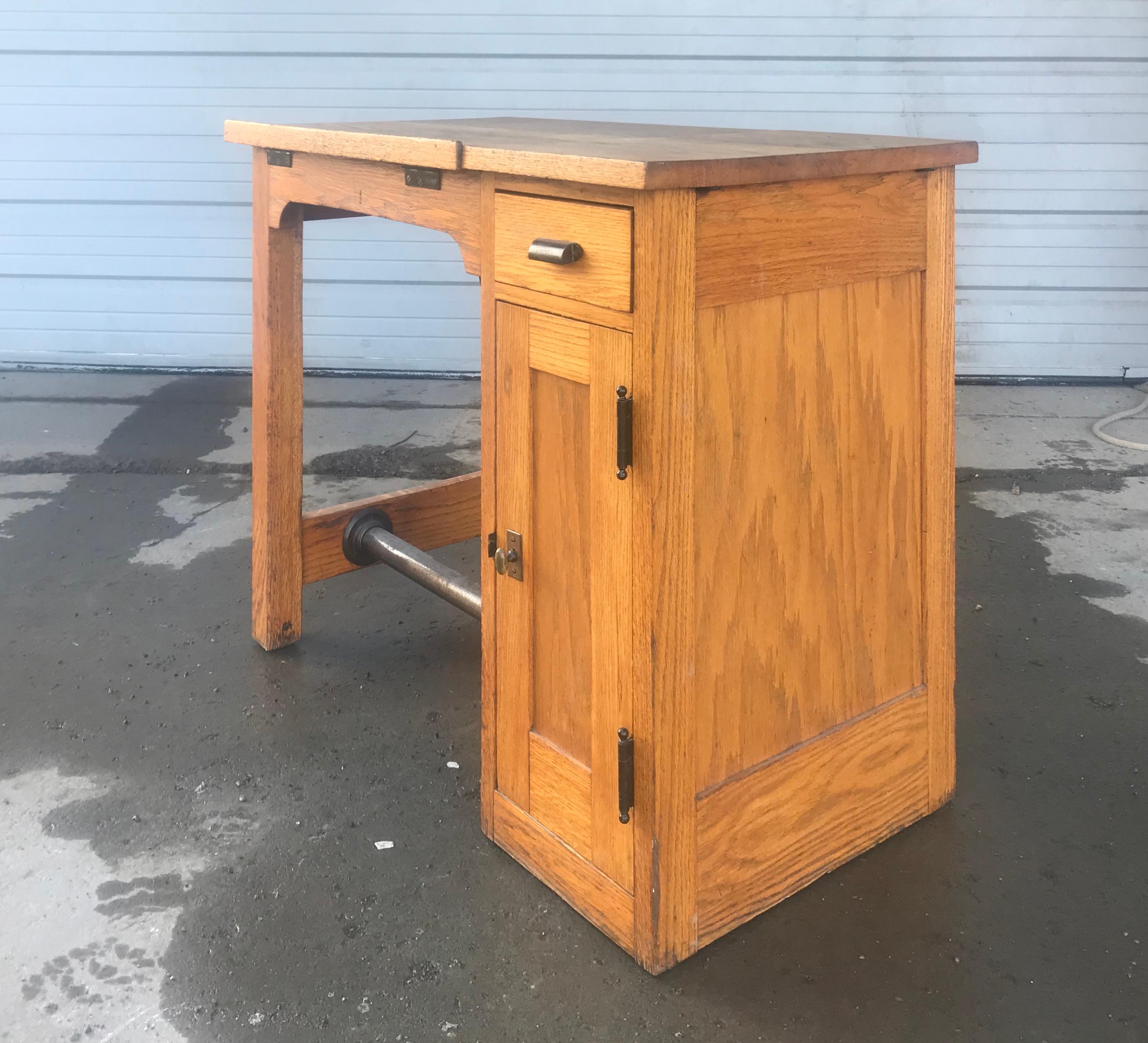 Industrial Diminutive Antique Oak Architects Desk / Drafting Table, Adjustable Top