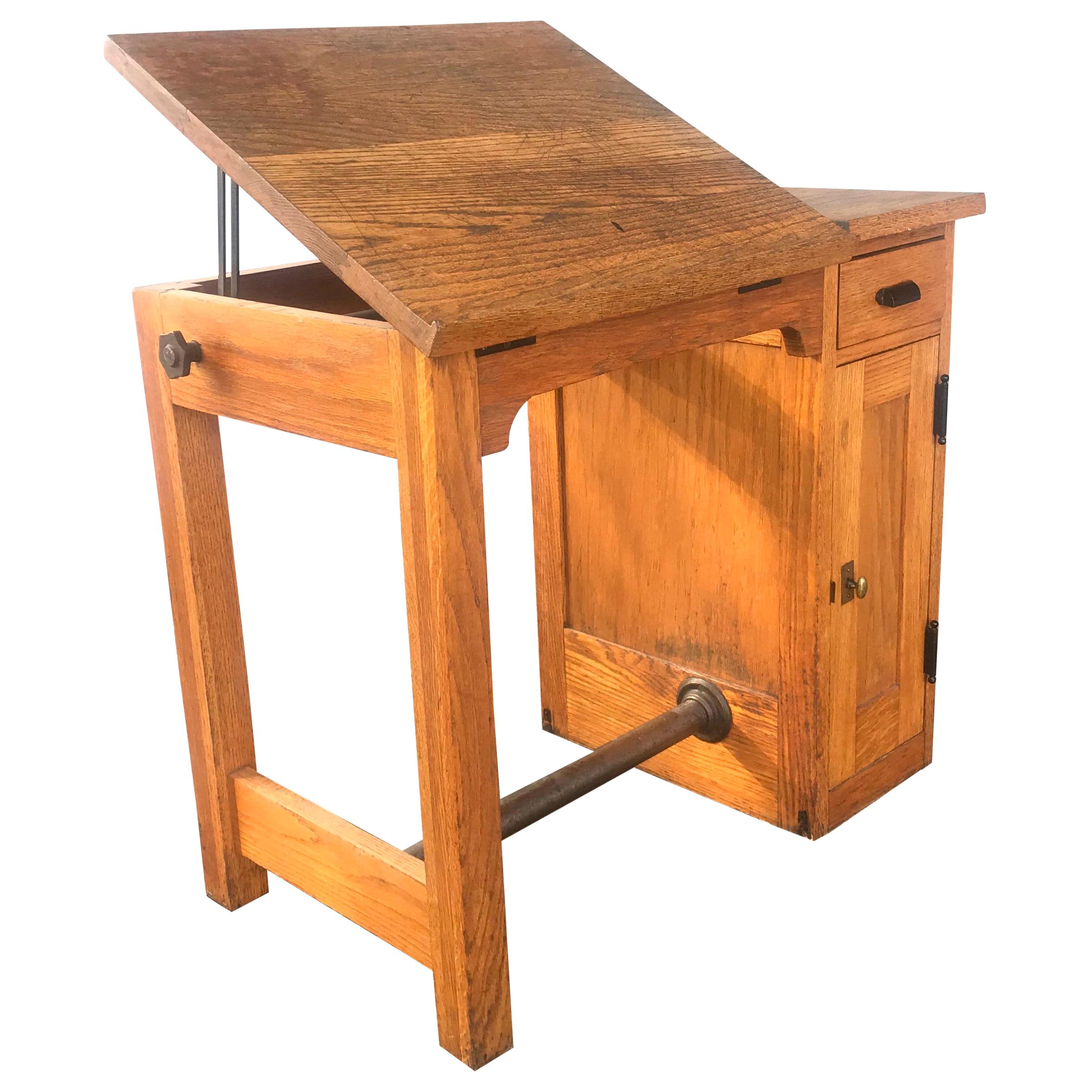 Diminutive Antique Oak Architects Desk / Drafting Table, Adjustable Top