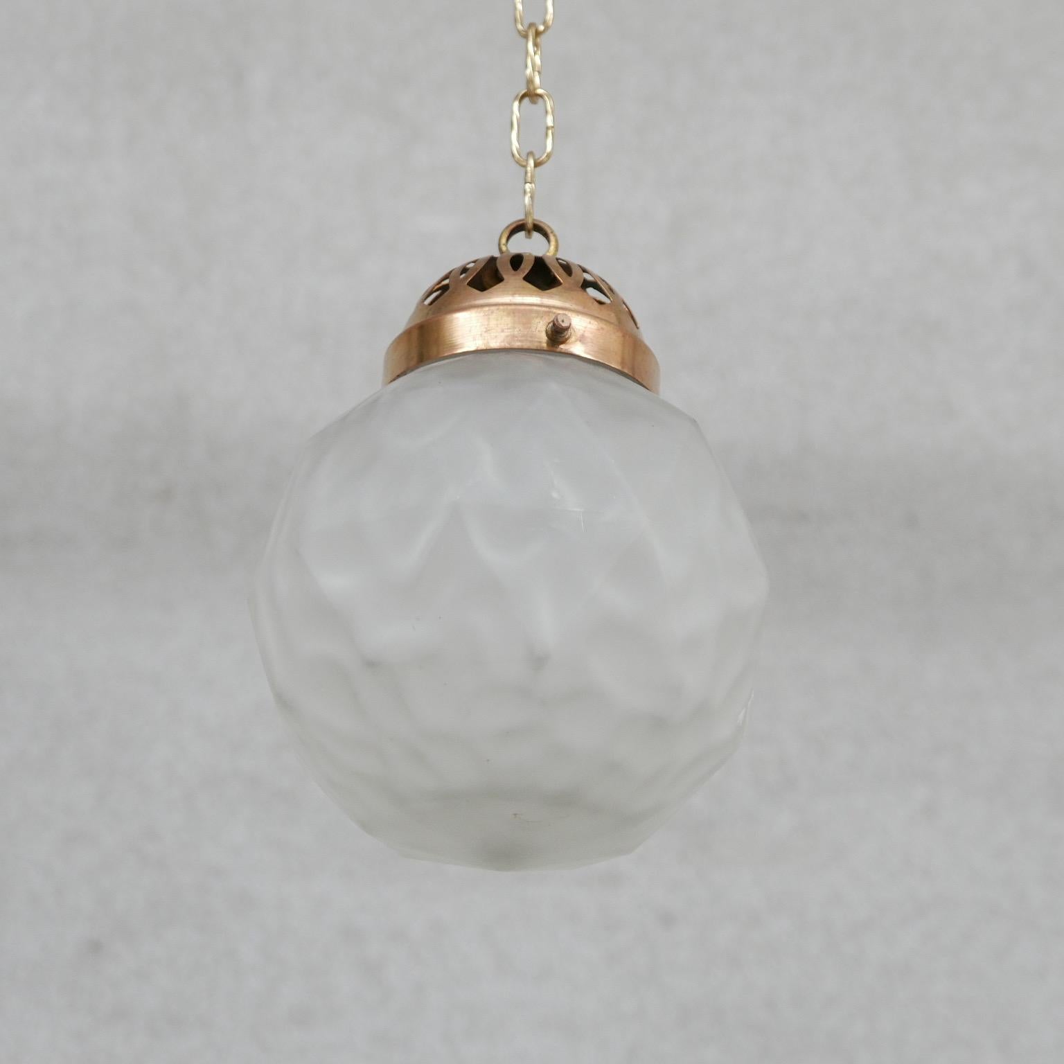 Diminutive Brass and Etched Glass French Pendant Light For Sale 1
