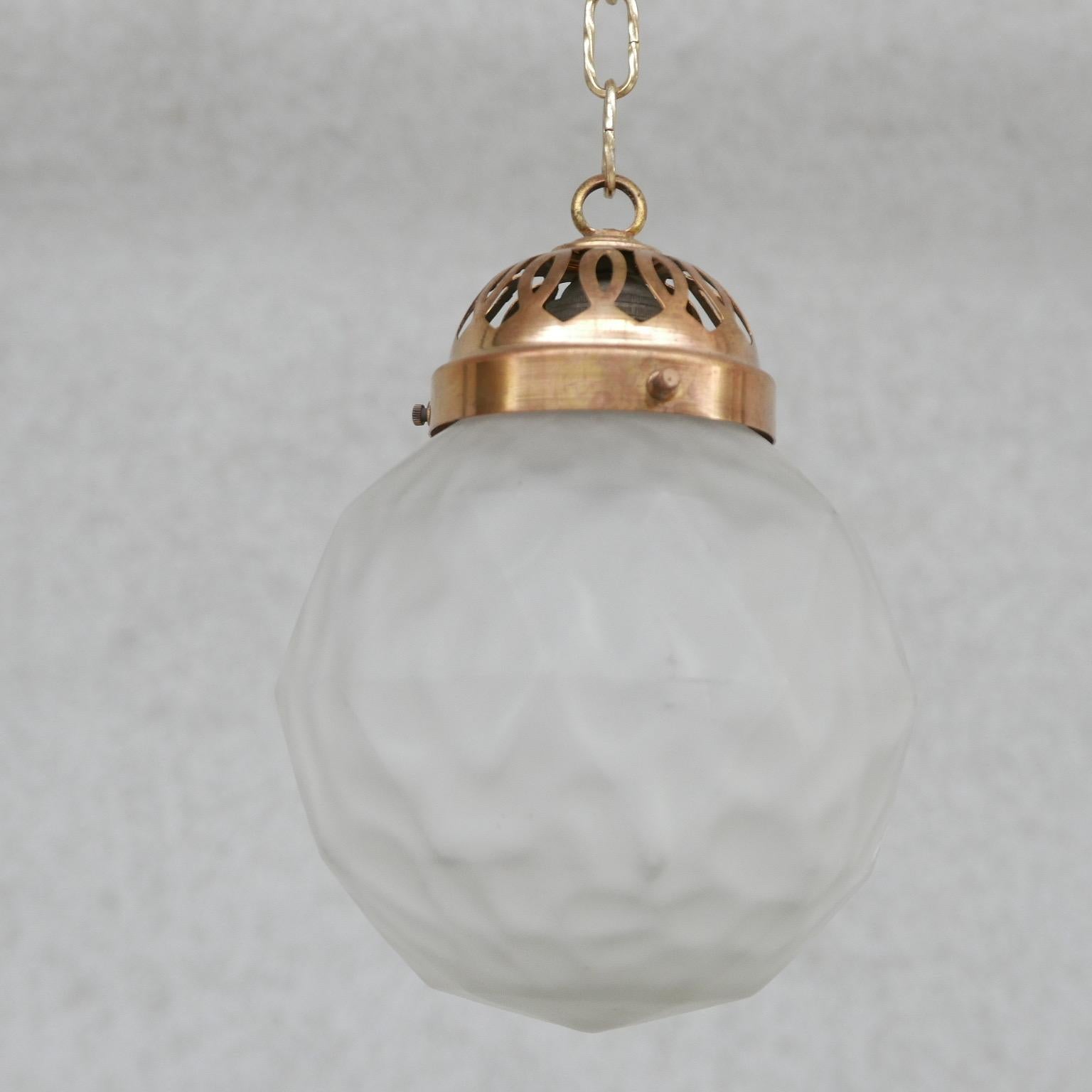 Diminutive Brass and Etched Glass French Pendant Light For Sale 2