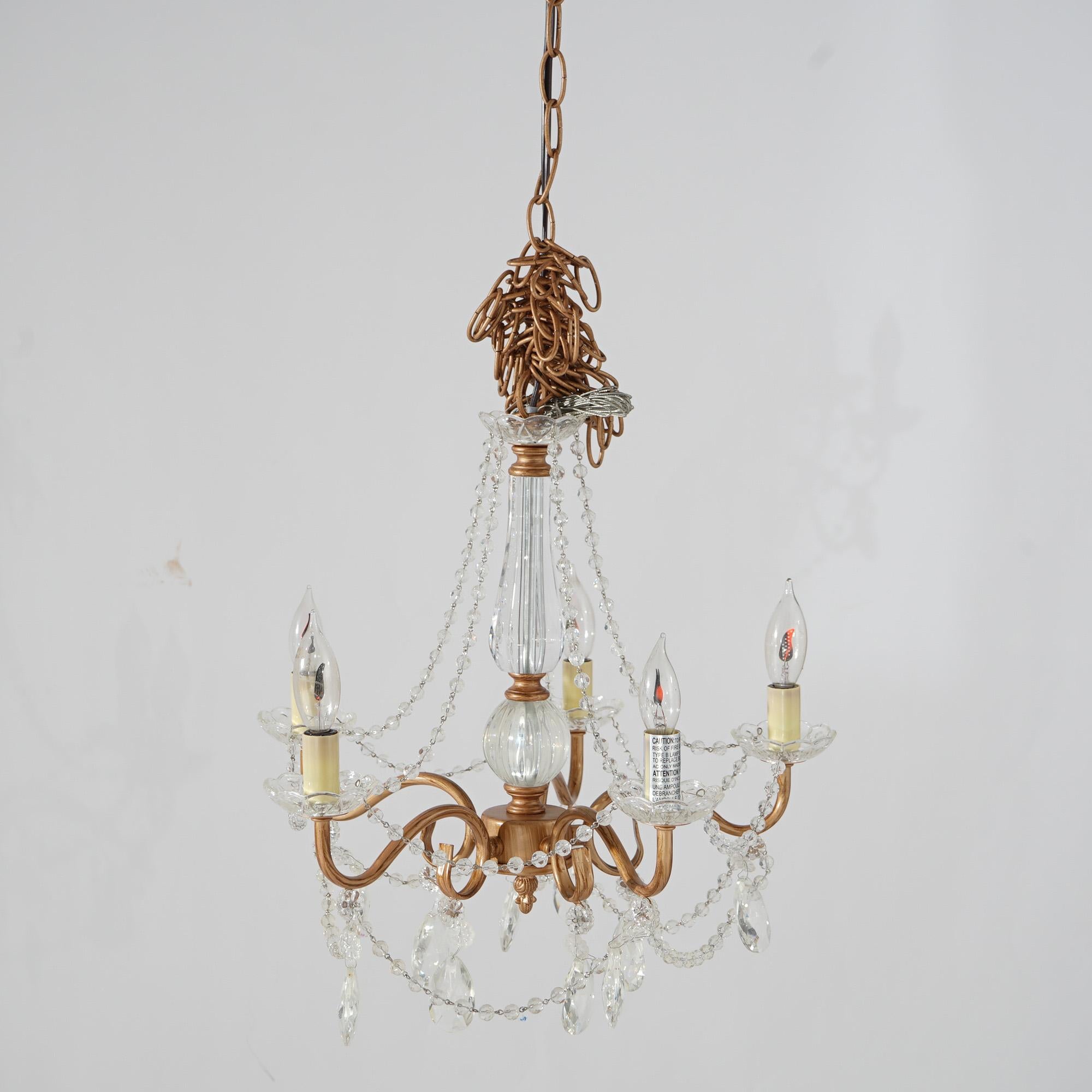 Diminutive Brushed Copper Five-Light Crystal Chandelier 20thC In Good Condition For Sale In Big Flats, NY