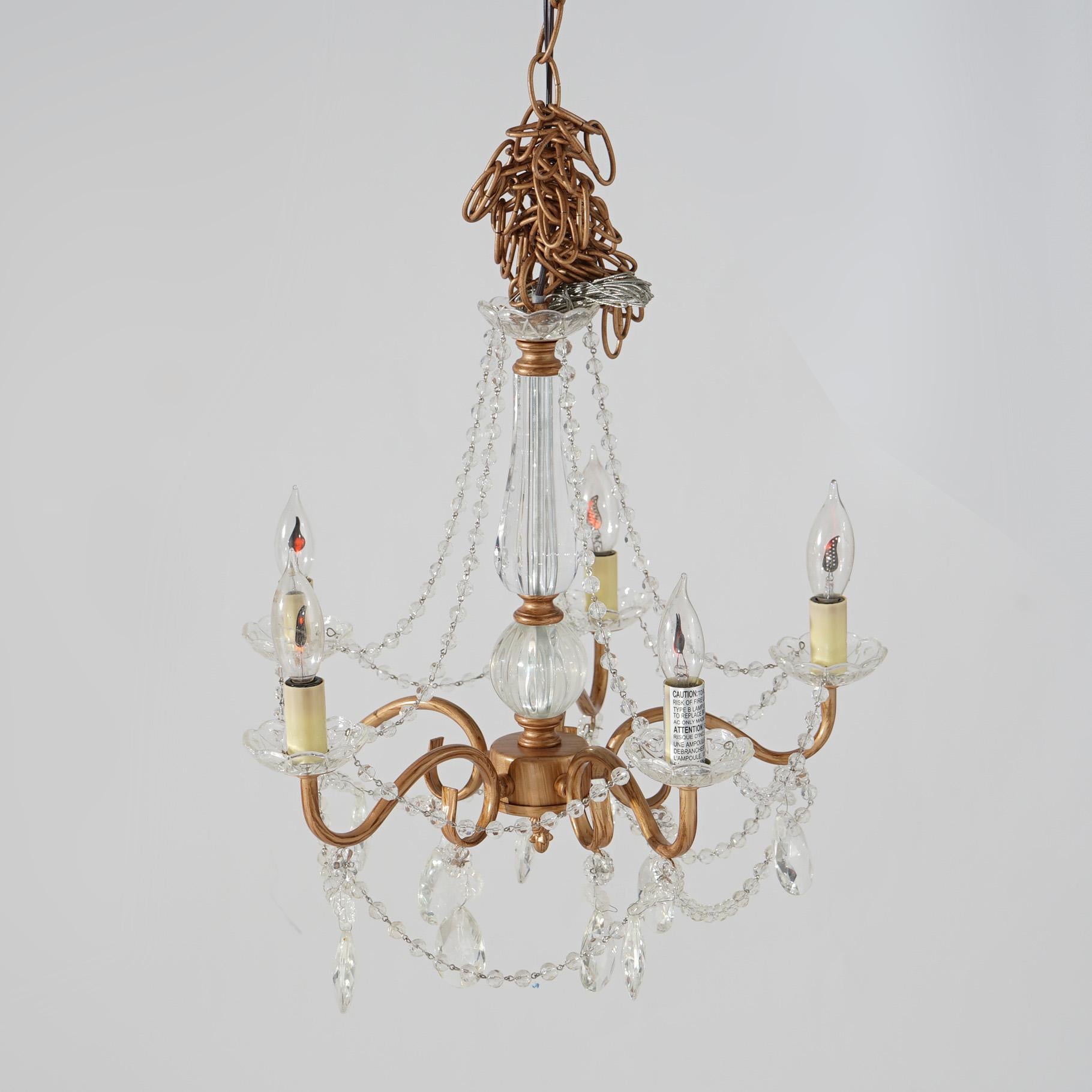 20th Century Diminutive Brushed Copper Five-Light Crystal Chandelier 20thC For Sale
