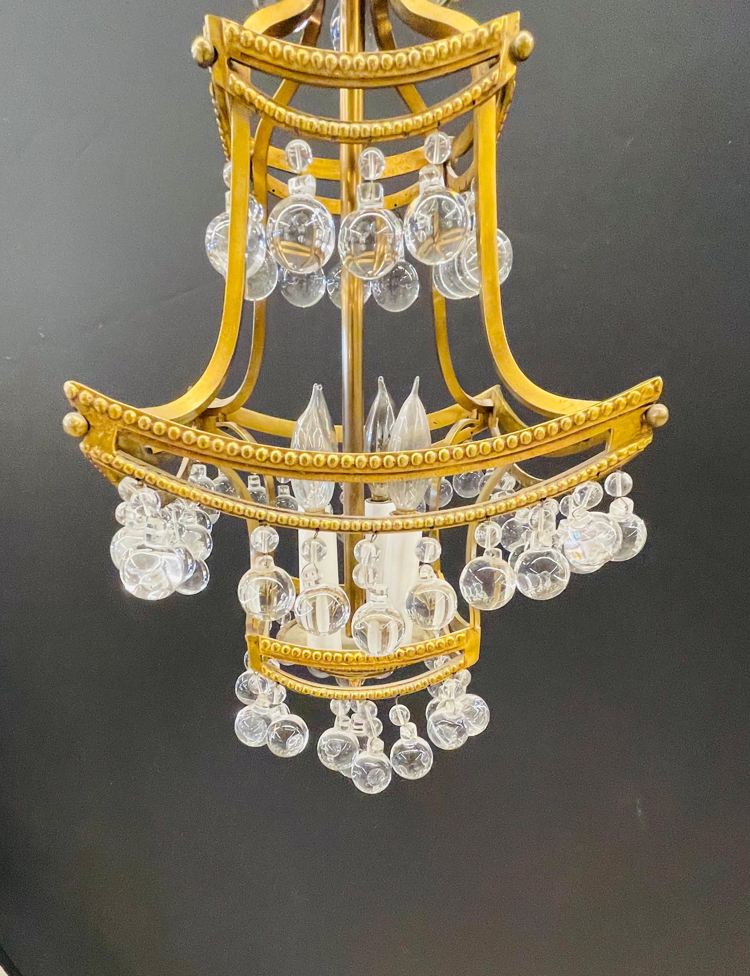 20th Century Diminutive Chandelier Bronze and Crystal Pagoda Form For Sale