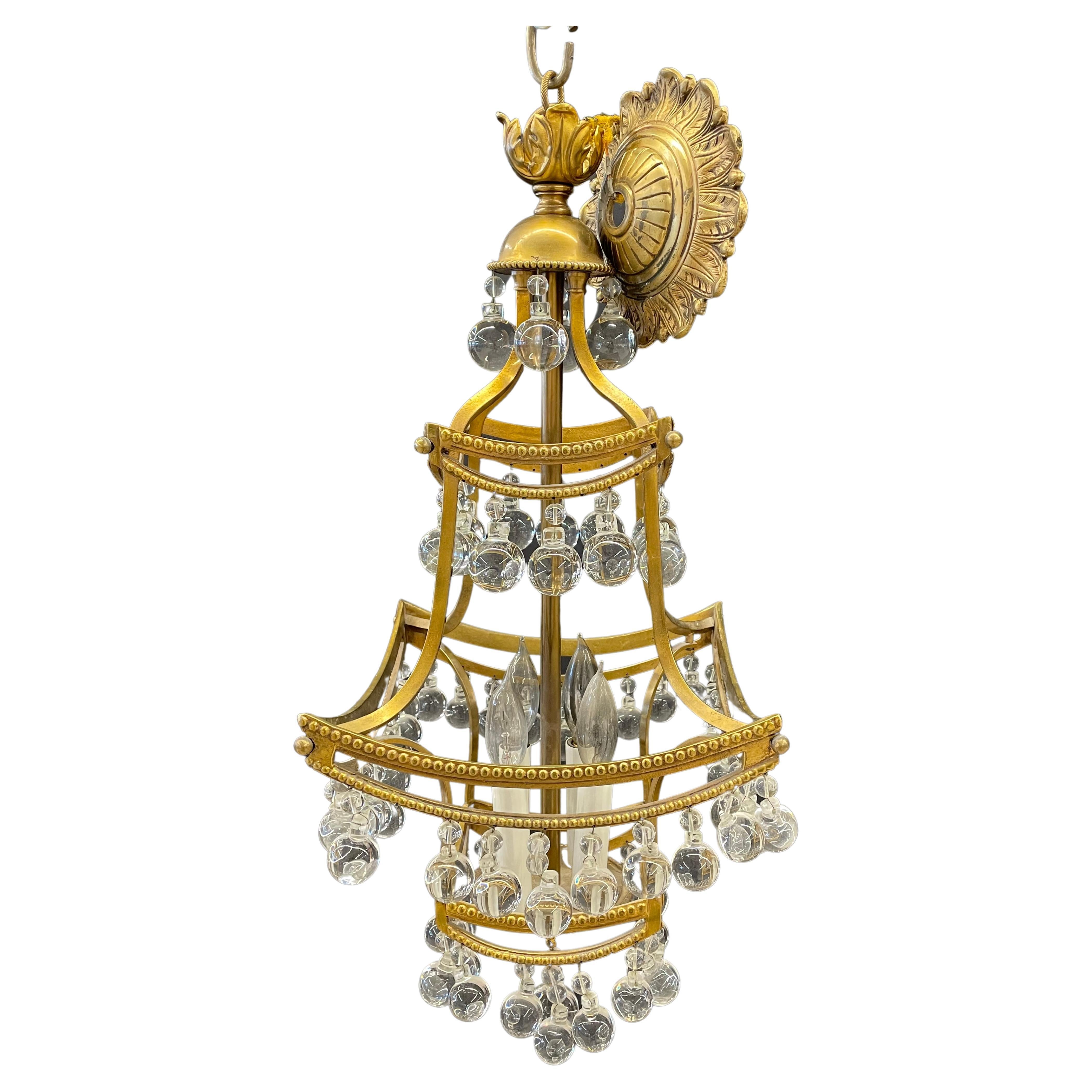 Diminutive Chandelier Bronze and Crystal Pagoda Form For Sale