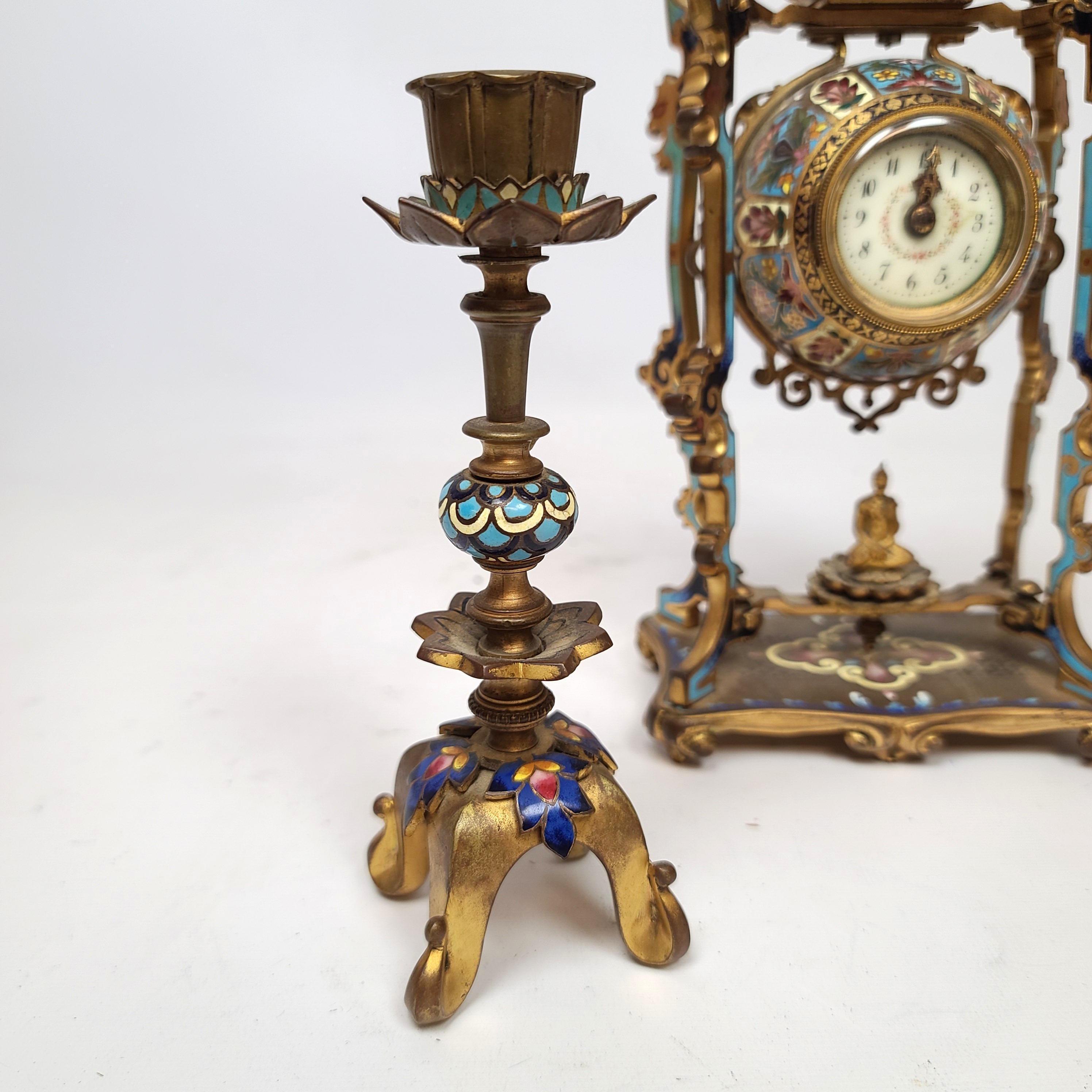 Diminutive Chinoiserie Champlevé Enamel Clock Set In Good Condition In New York, NY