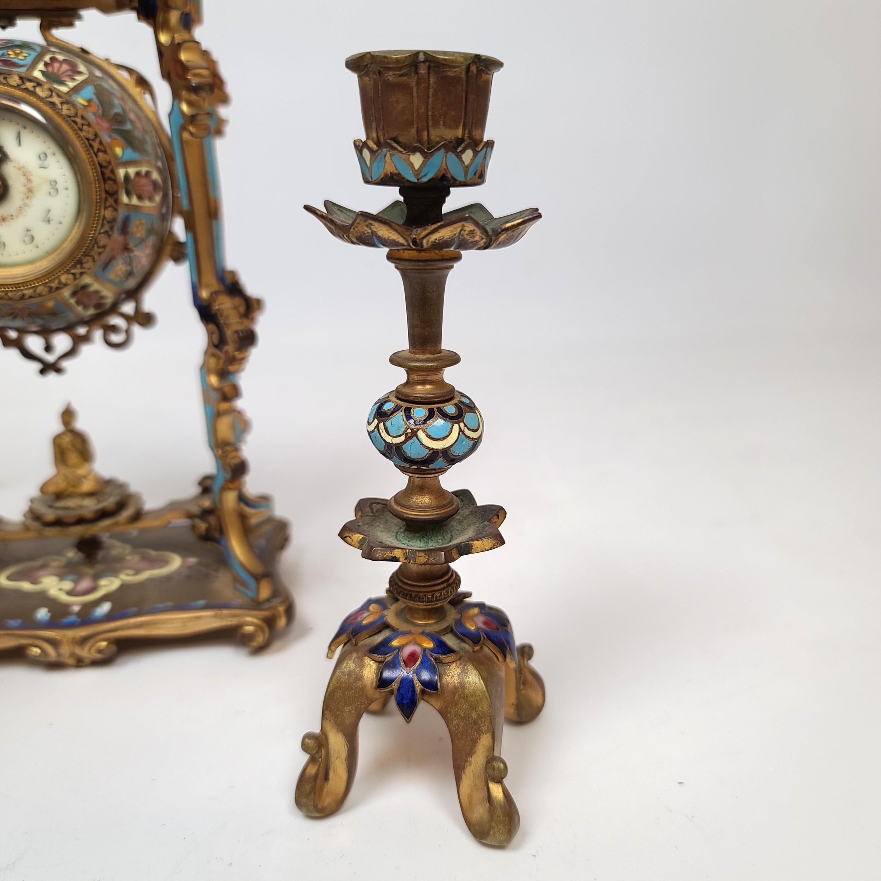 19th Century Diminutive Chinoiserie Champlevé Enamel Clock Set