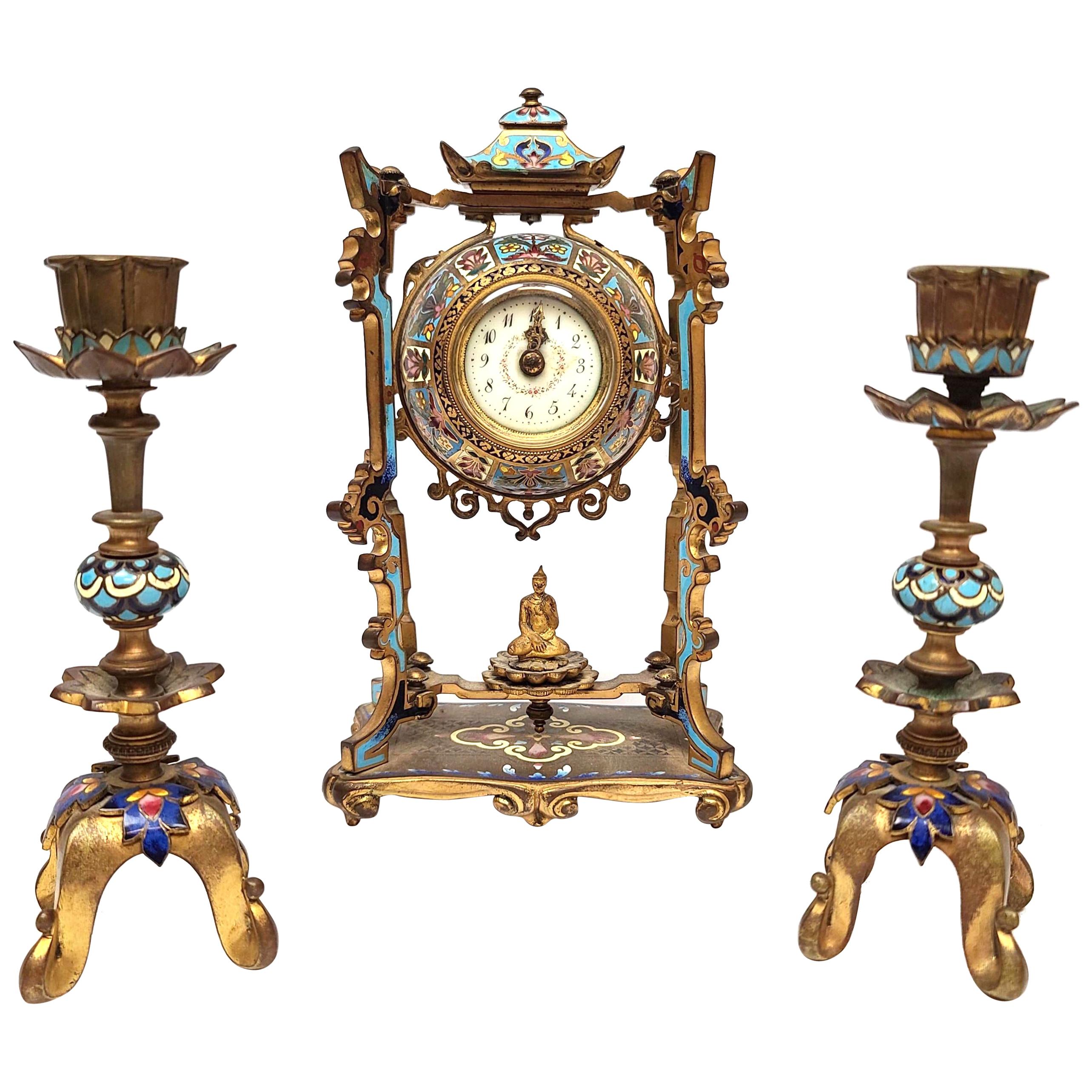 Diminutive Chinoiserie Champlevé Enamel Clock Set
