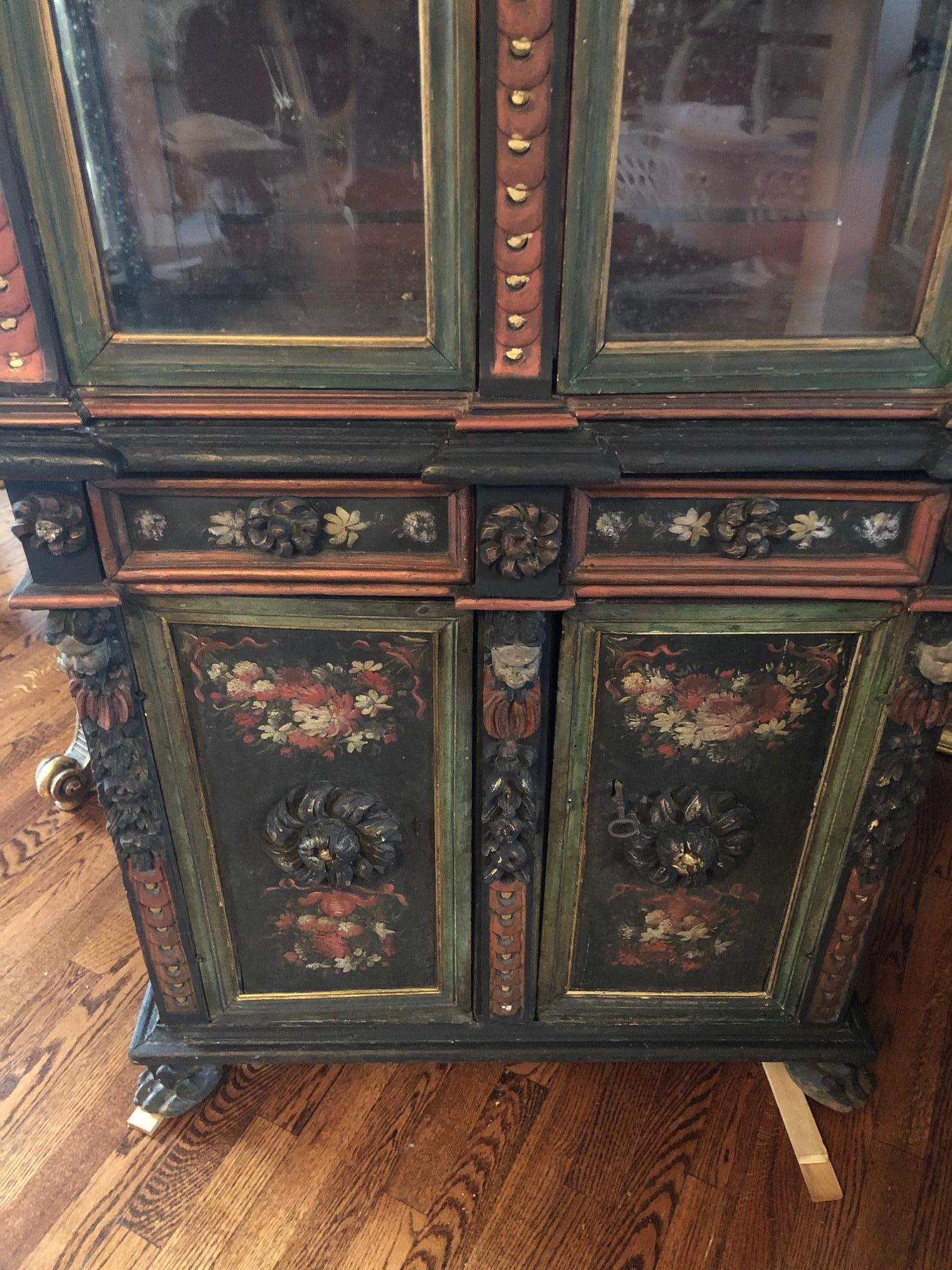 Diminutive Continental Baroque Style Carved Painted Vitrine In Fair Condition For Sale In Washington Crossing, PA