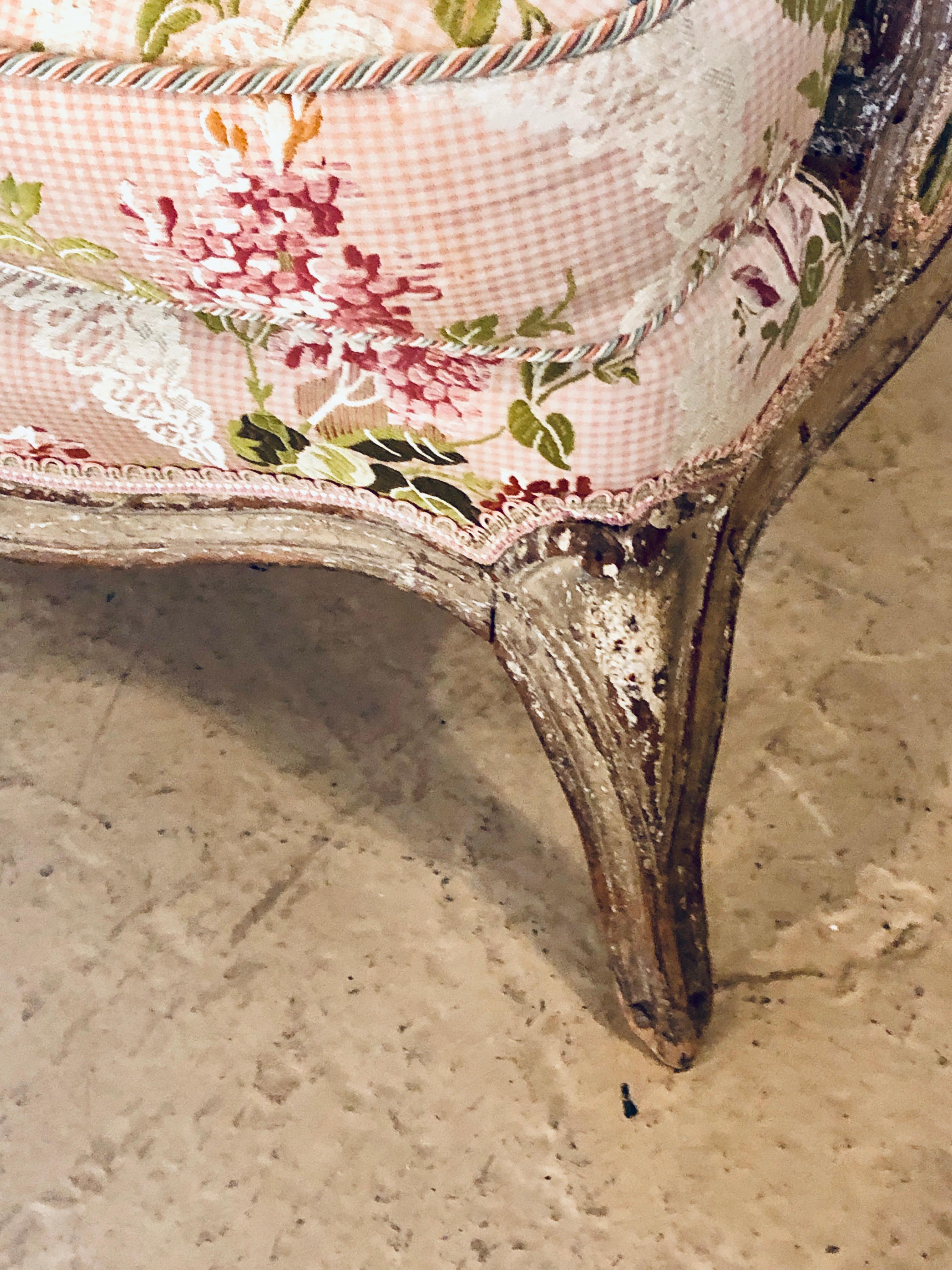 French Diminutive Distressed Painted Louis XV Style Slipper Chair in Scalmandre Fabric