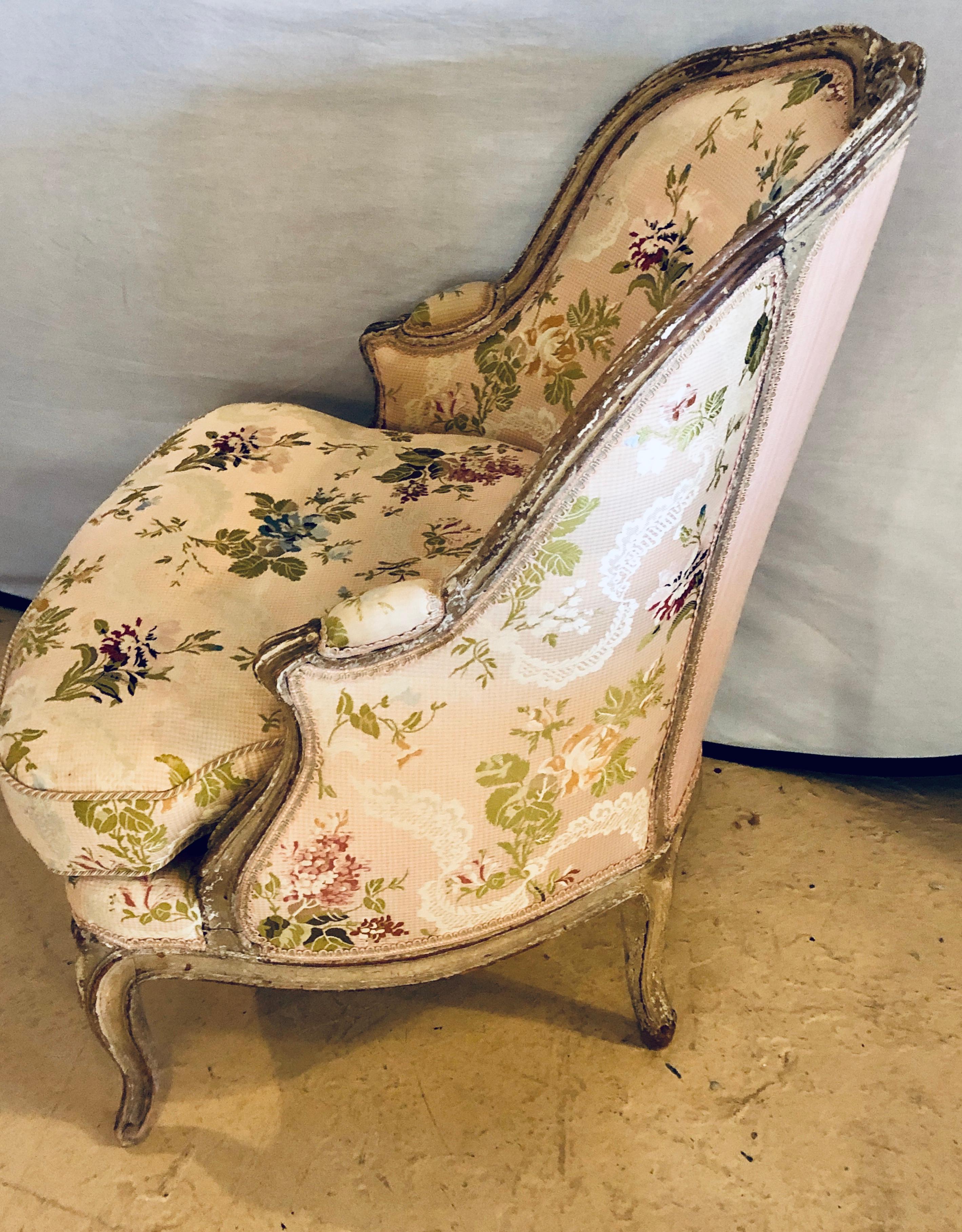 Diminutive Distressed Painted Louis XV Style Slipper Chair in Scalmandre Fabric In Good Condition In Stamford, CT