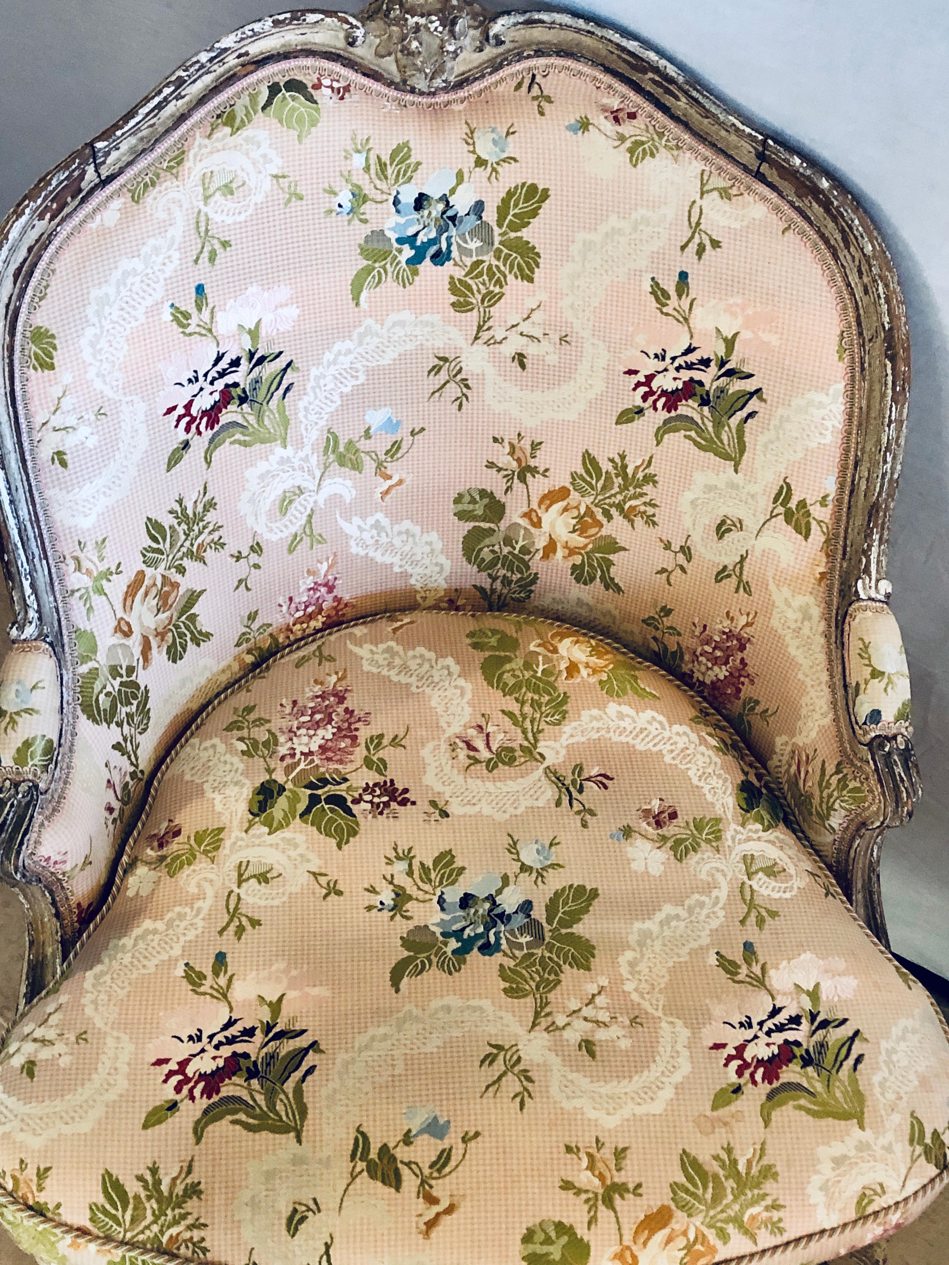 Diminutive Distressed Painted Louis XV Style Slipper Chair in Scalmandre Fabric 1