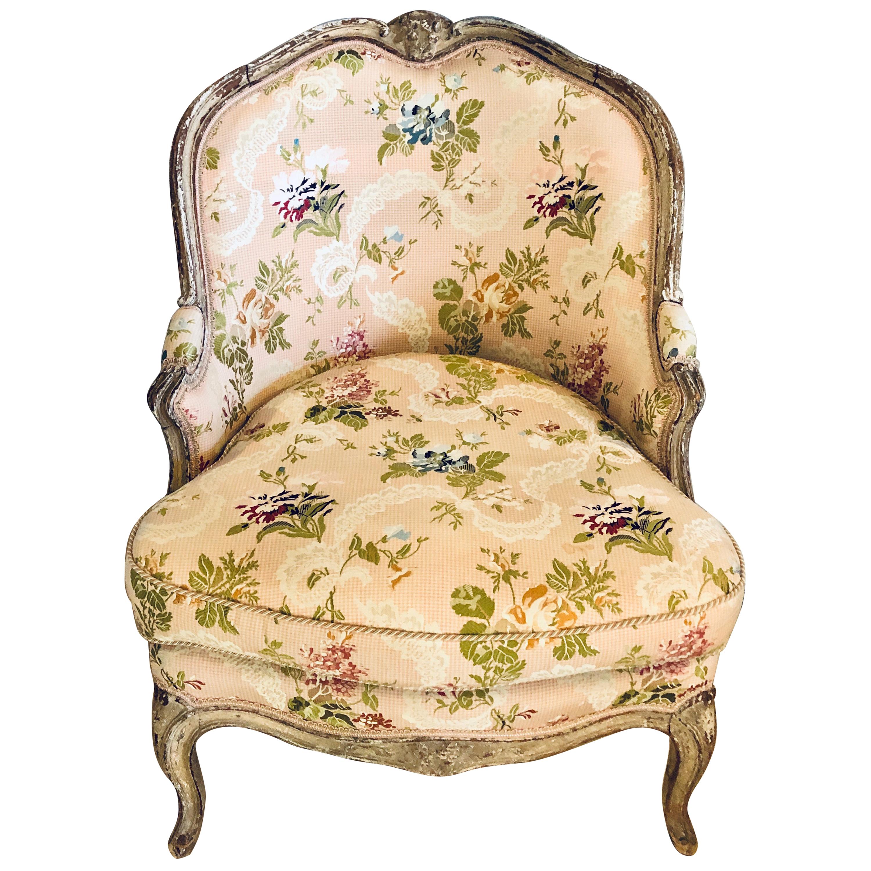 Diminutive Distressed Painted Louis XV Style Slipper Chair in Scalmandre Fabric
