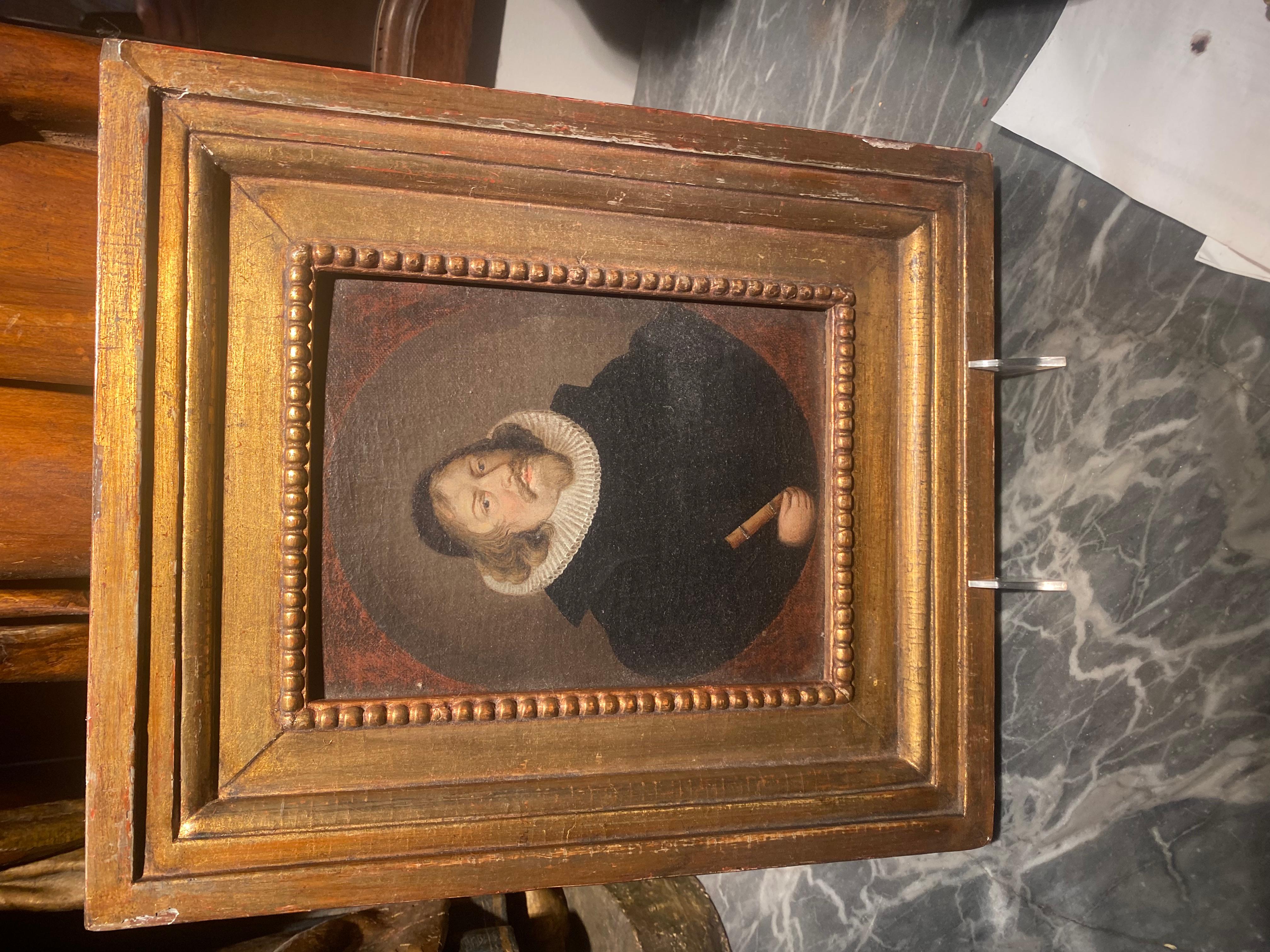Diminutive Dutch Portrait In Gilt Wood Frame.  Very Stately, Handsome. In Good Condition For Sale In Buchanan, MI