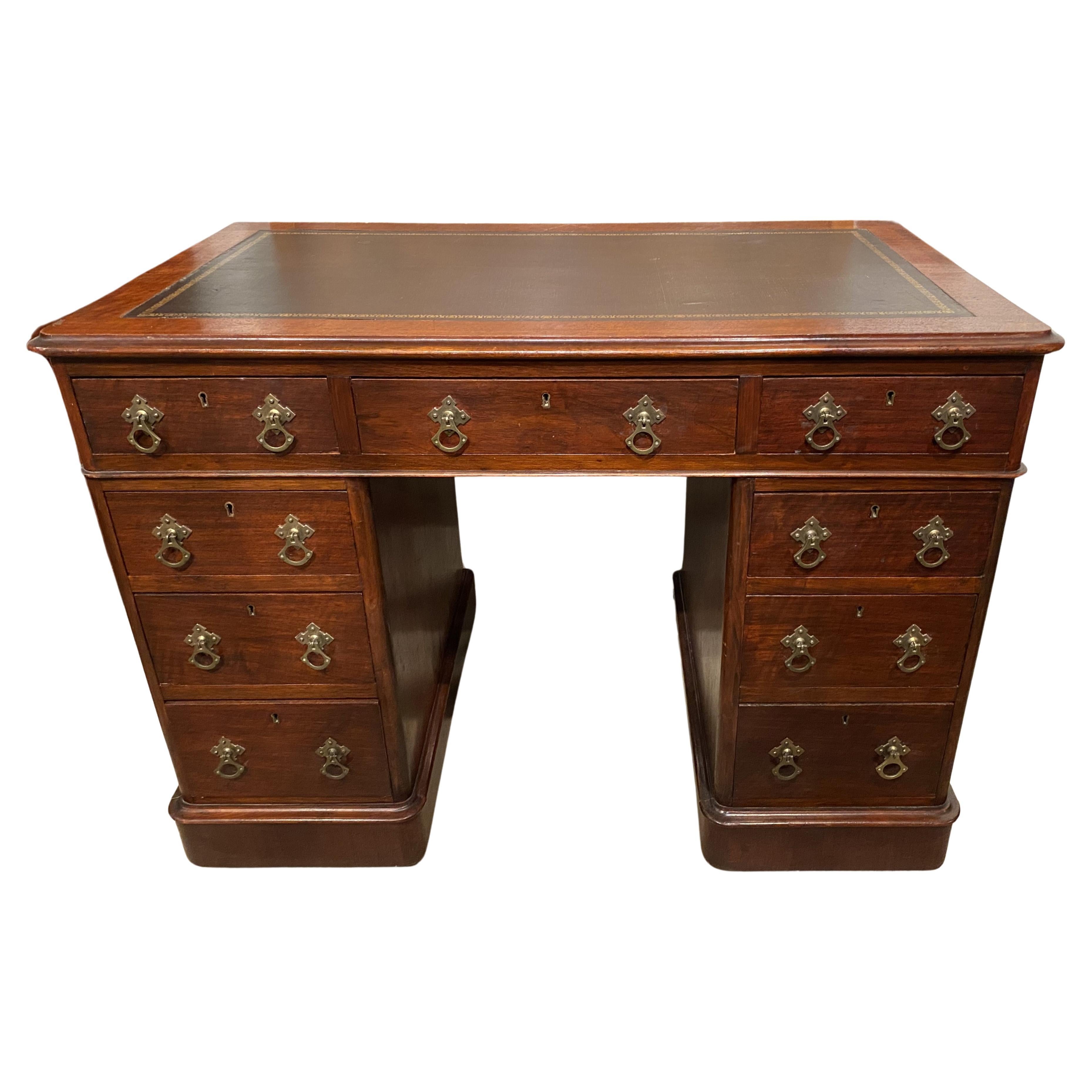 Diminutive Edwardian Mahogany Pedestal Desk with Leather Top For Sale