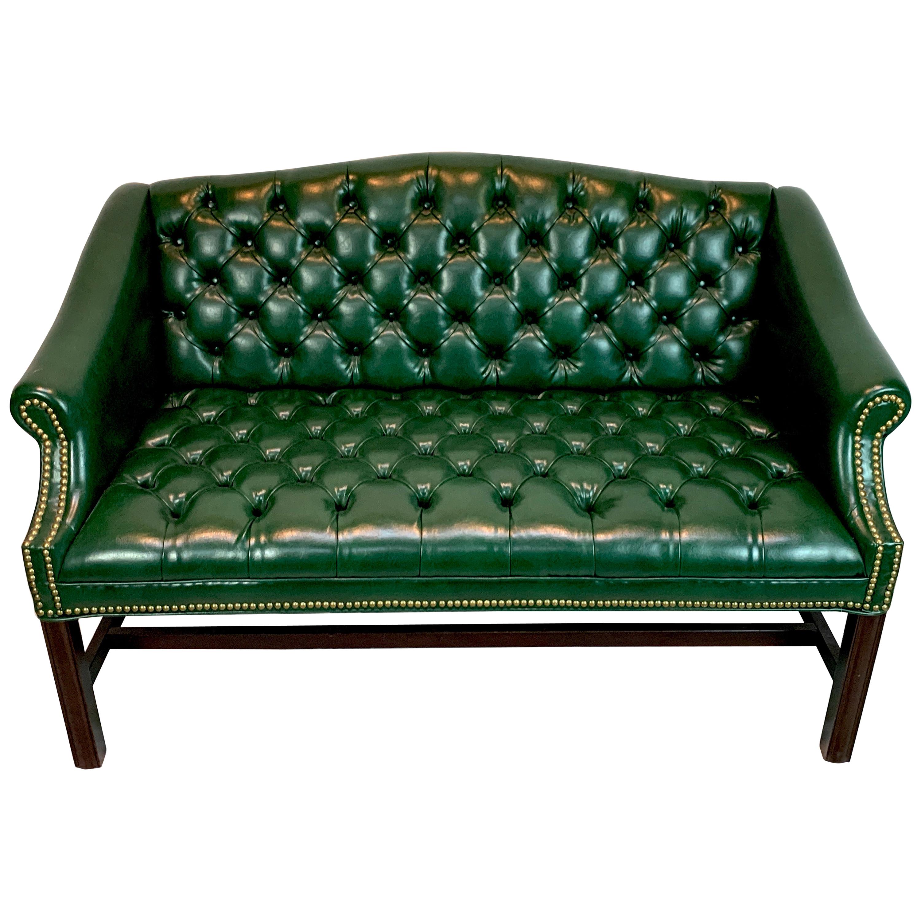 Diminutive English Green Leather Chesterfield Bench or Loveseat For
