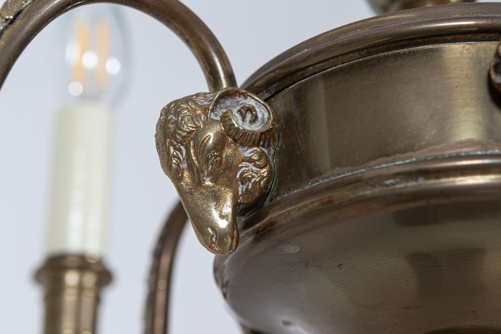 Diminutive English Rams Head Brass 5 Arm Chandelier In Good Condition For Sale In Staffordshire, GB