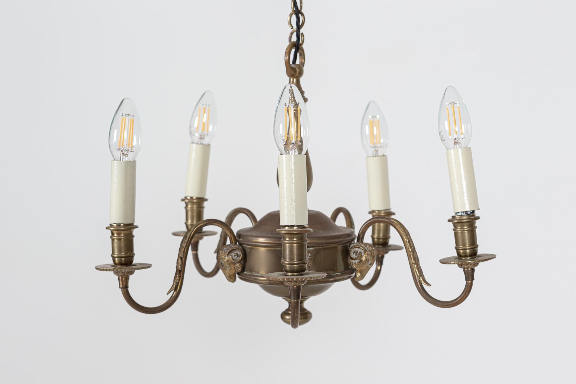 Early 20th Century Diminutive English Rams Head Brass 5 Arm Chandelier For Sale