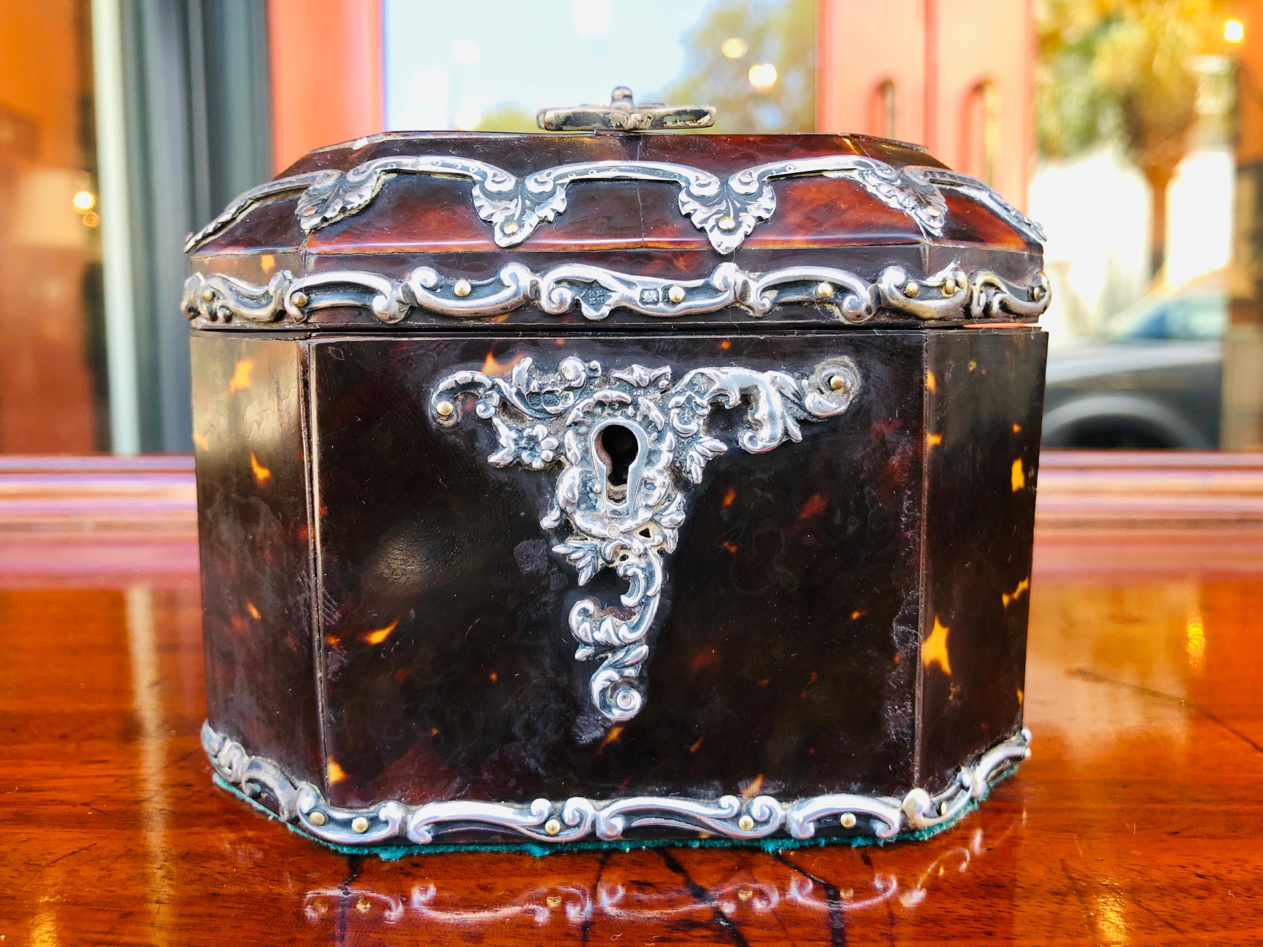 19th Century Diminutive English Tea Caddy of Tortoise Shell with Sterling Silver Mounts