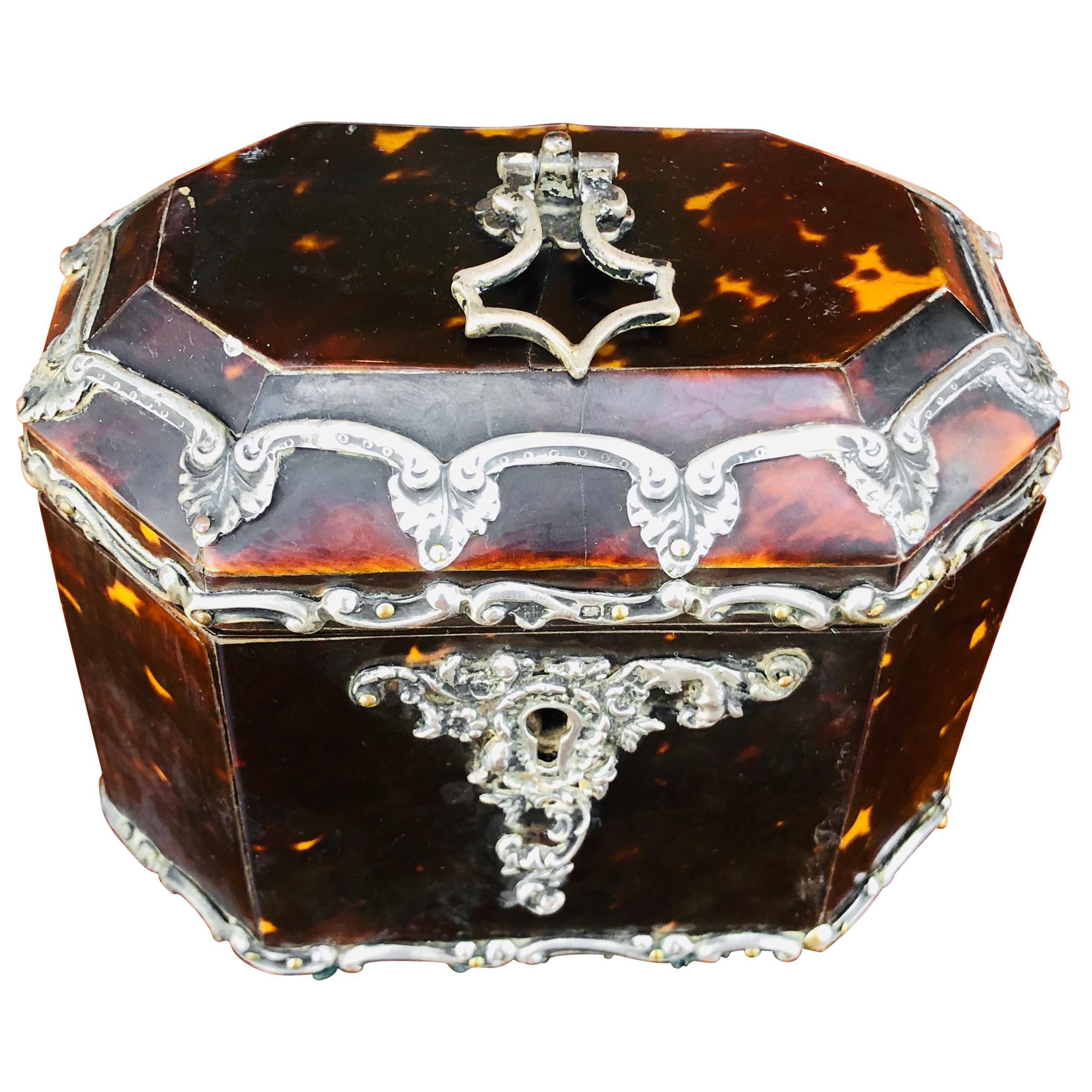 Diminutive English Tea Caddy of Tortoise Shell with Sterling Silver Mounts