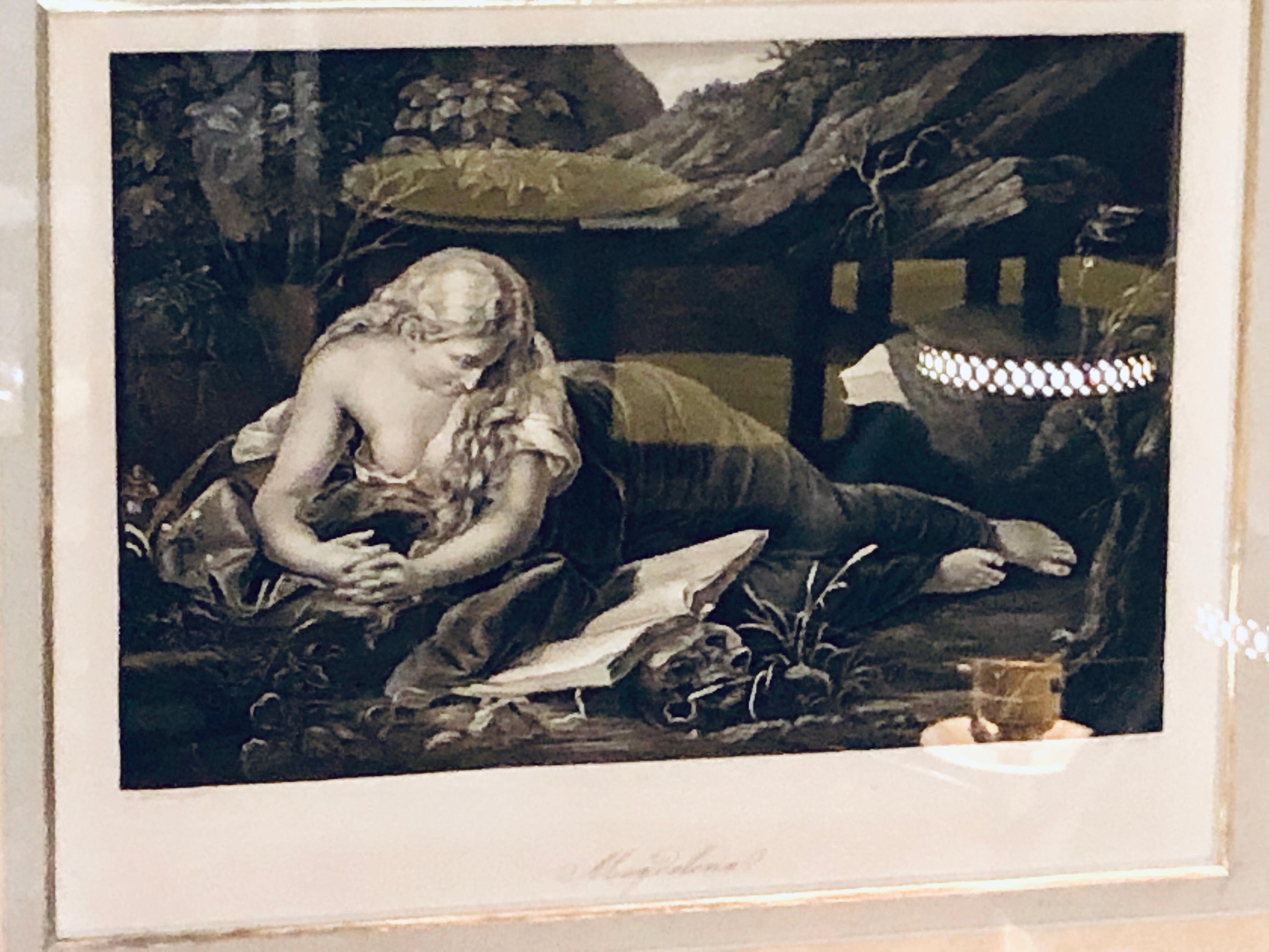 Diminutive etching of Magdelena in a gilt frame signed and dated. This highly decorative print is 6 inches x 8 inches unframed and when sitting in its finely gilt and carved frame it measures 11 by 14 inches. Very well done, signed and dated in a