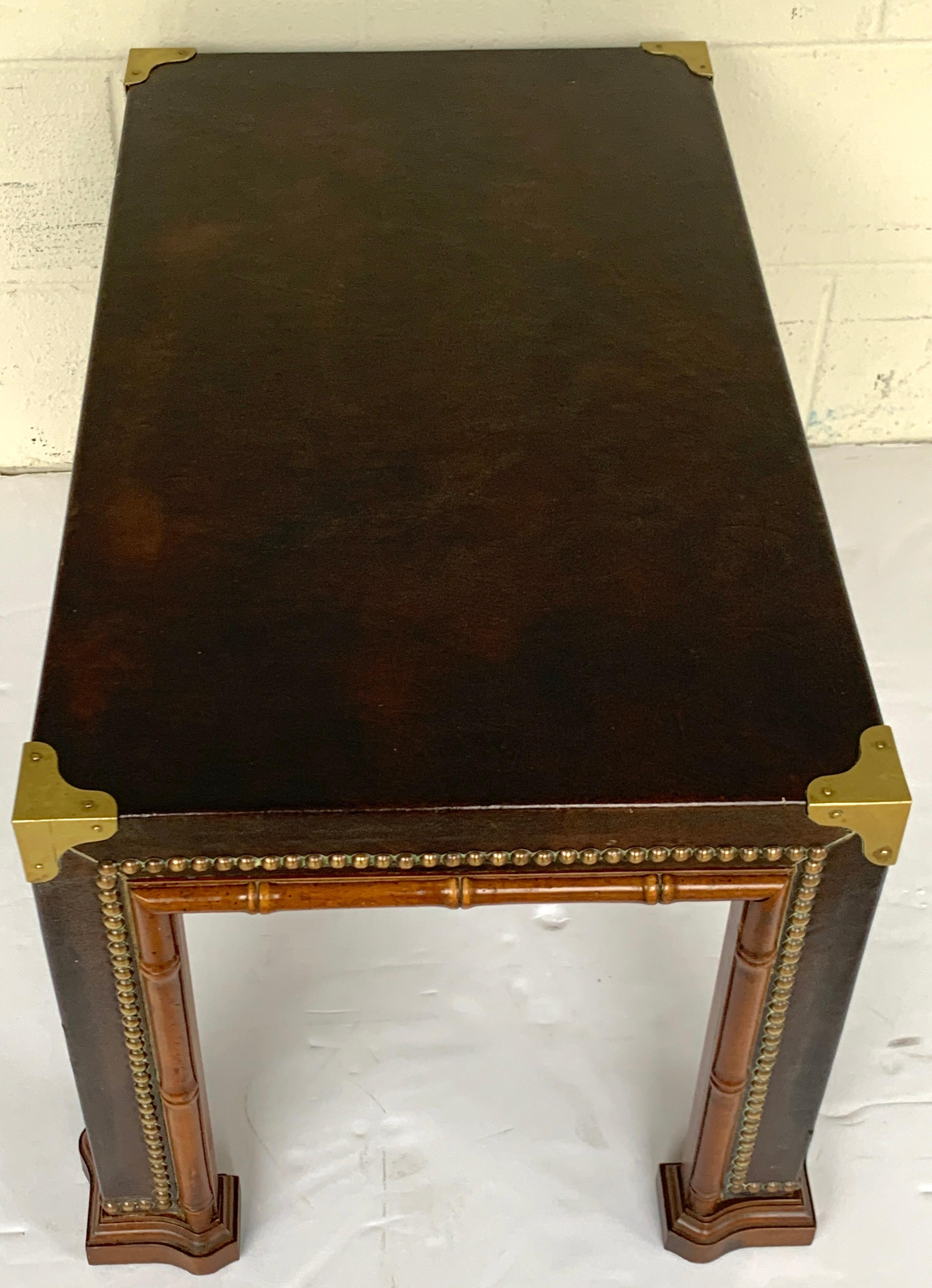 Diminutive Faux Bamboo Brass Studded & Leather Coffee Table In Good Condition In West Palm Beach, FL