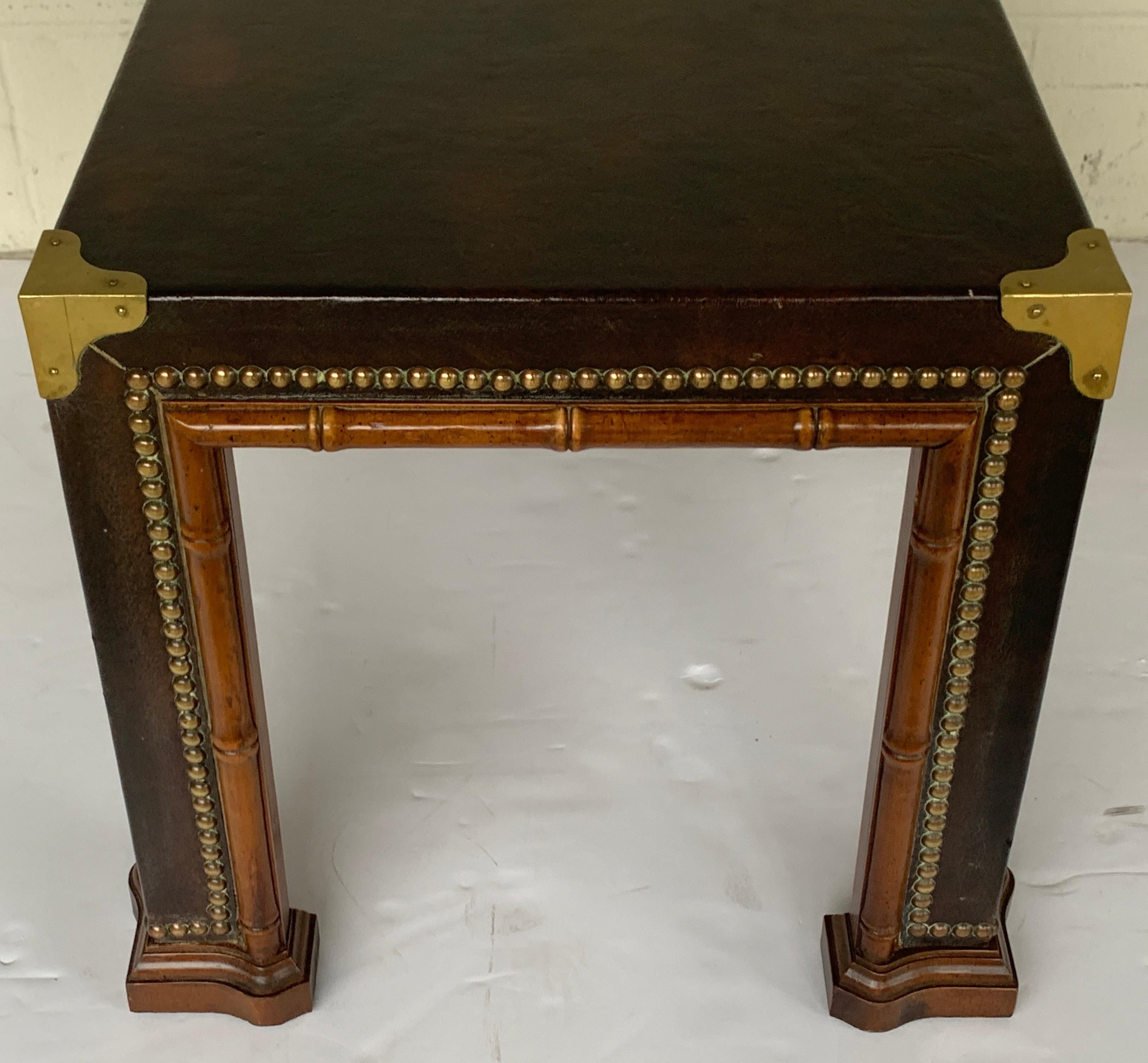 20th Century Diminutive Faux Bamboo Brass Studded & Leather Coffee Table