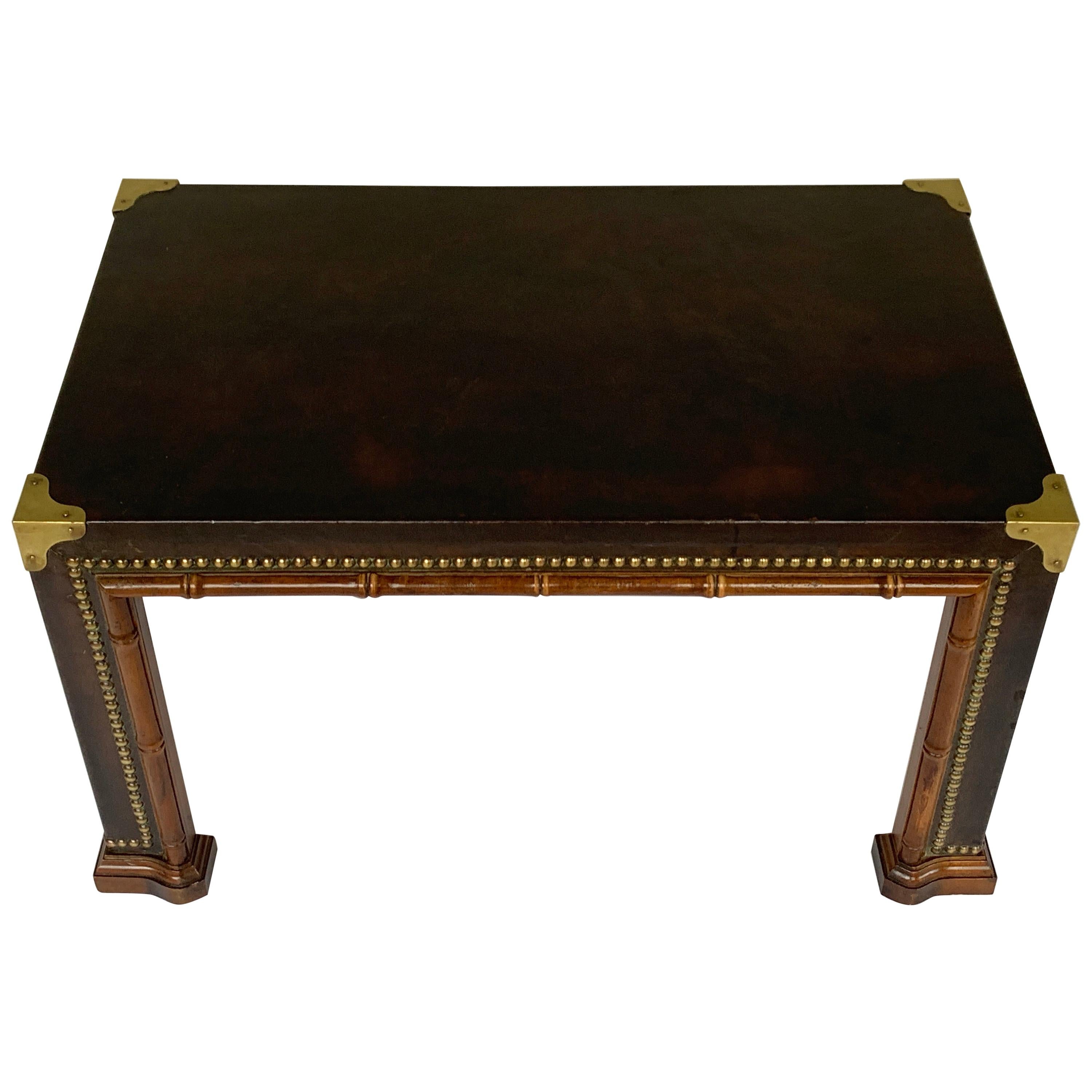 Diminutive Faux Bamboo Brass Studded & Leather Coffee Table  For Sale