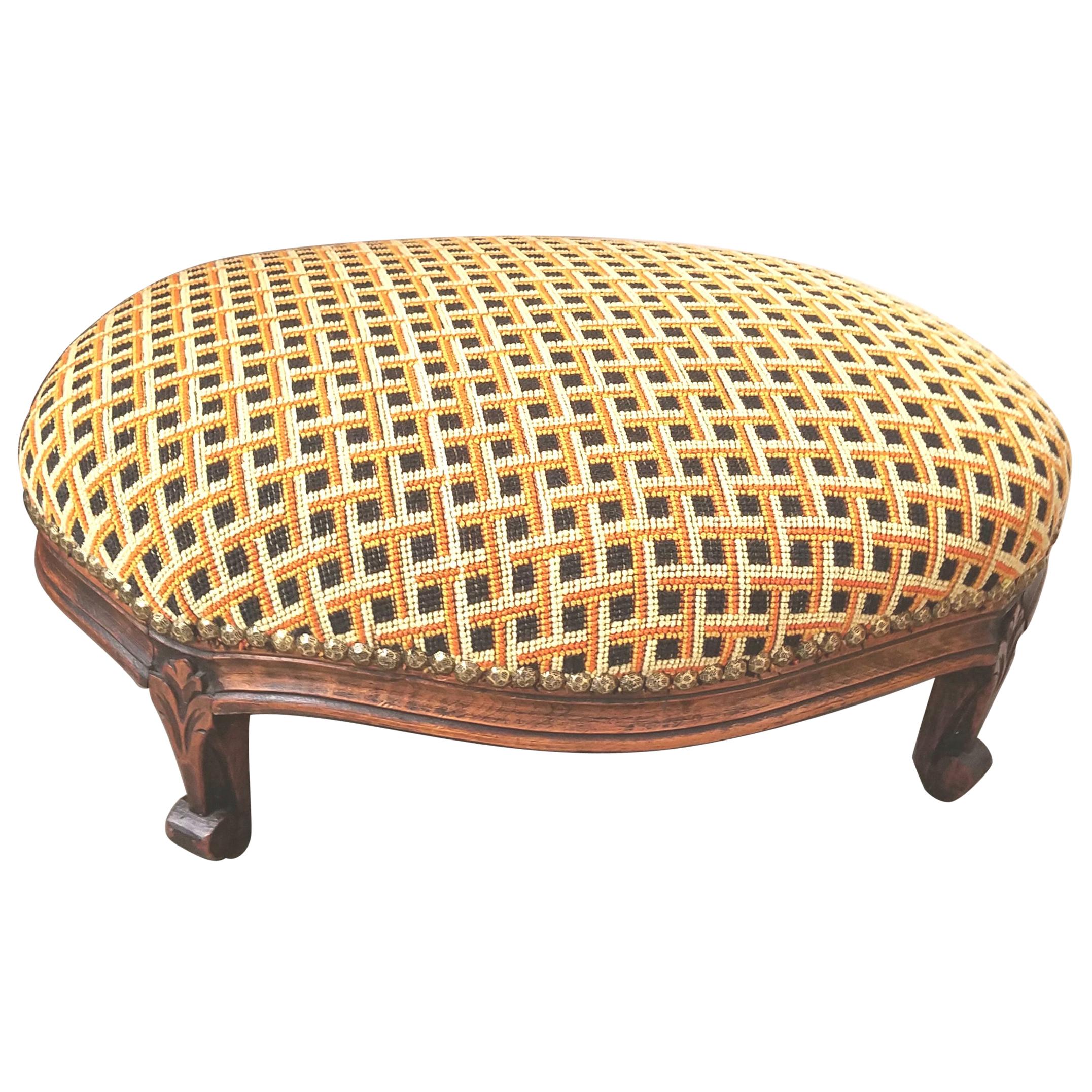 Oval French Hand Carved Walnut Stool
